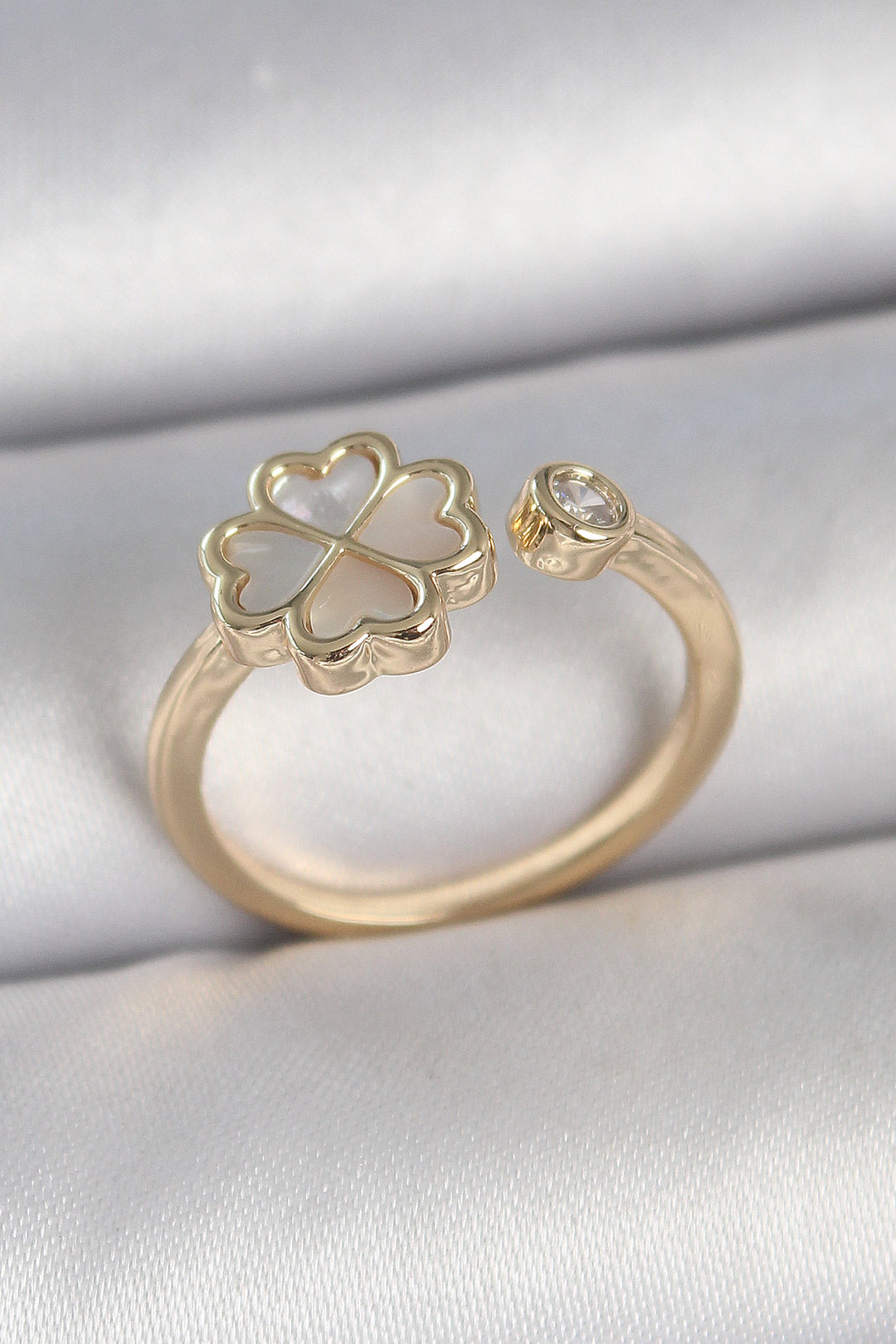 EBJ Rice Gold Color White Enamel Clover Model Zircon Stone Detail Adjustable Women's Ring - Weymouth