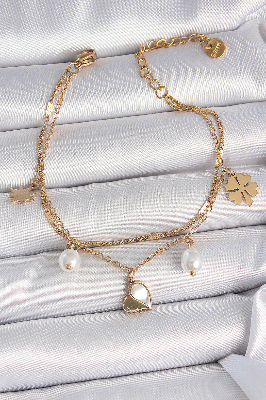 EBJ 316L Steel Gold Color 2-Piece Chain Model Swinging Heart Figure Clover Detail Women's Bracelet - Matehuala