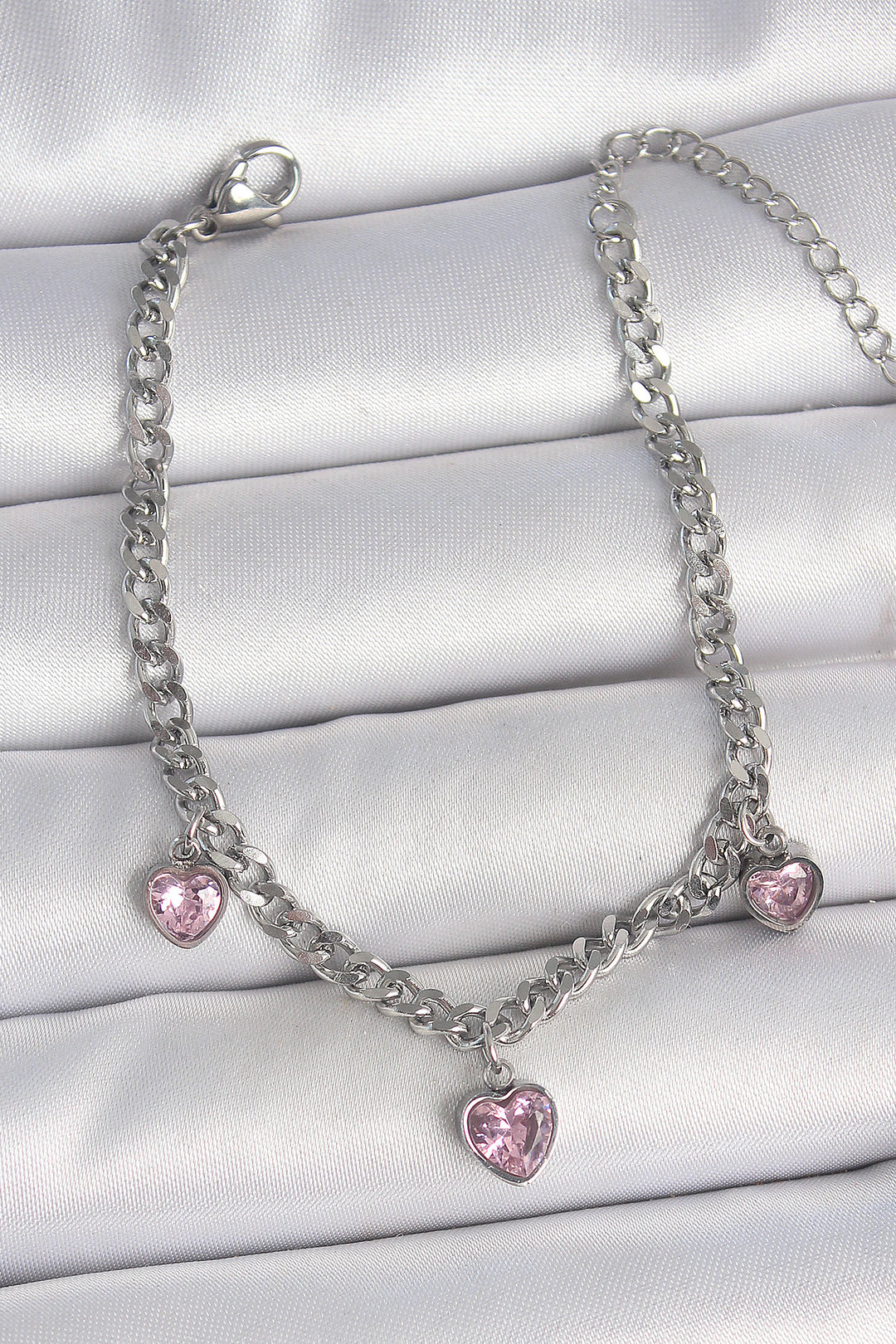 EBJ 316L Stainless Steel Silver Color Chain Dangle Pink Zircon Stone Heart Model Women's Bracelet - Yuma