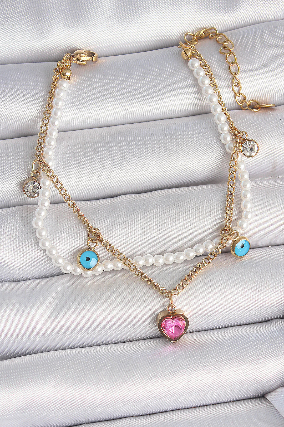 EBJ 316L Steel Gold Color 2-Piece Pearl Chain Pendant Pink Heart Model Evil Eye Bead Detail Women's Bracelet - Moerdijk