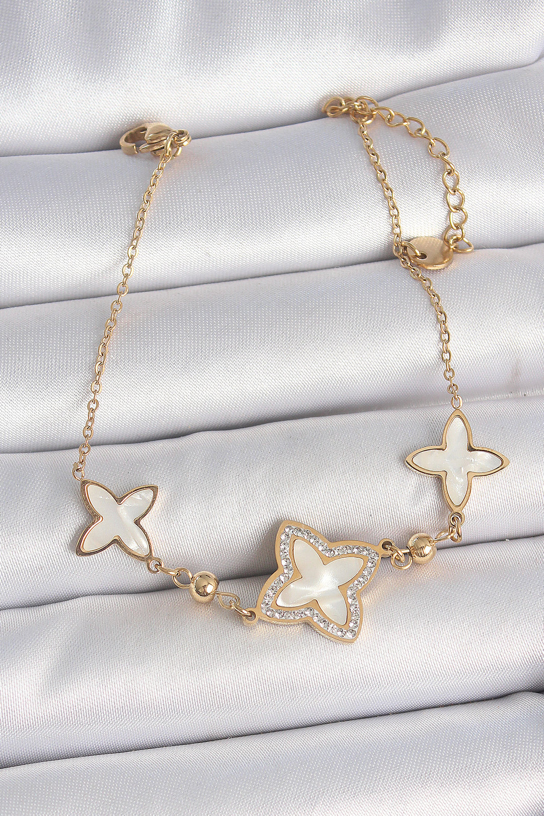 EBJ 316L Steel Gold Color White Enamel Flower Model Zircon Stone Detail Women's Bracelet - Kettering