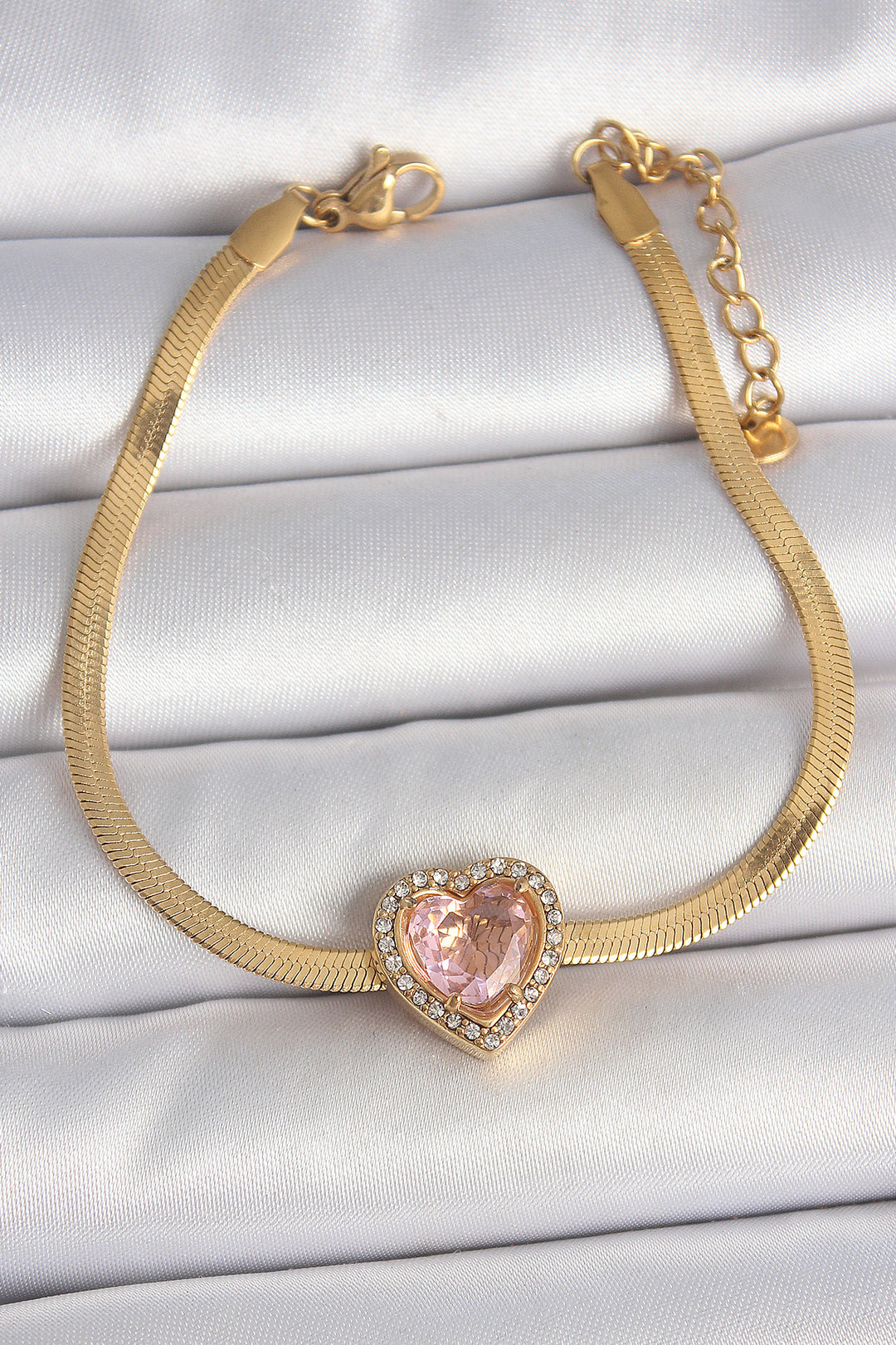 EBJ 316L Steel Gold Color Italian Chain Pink Zircon Stone Heart Model Women's Bracelet - Dover