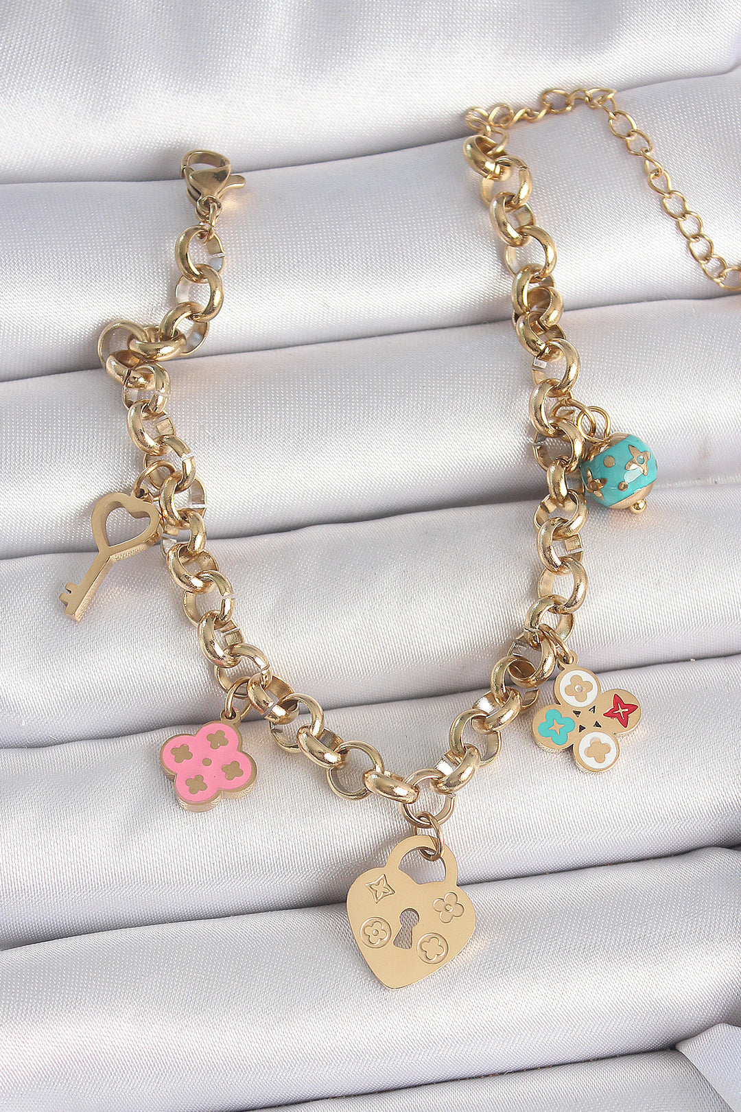 EBJ 316L Steel Gold Color Chain Swing Lock Heart Figure Key Model Women's Bracelet - Neubrandenburg