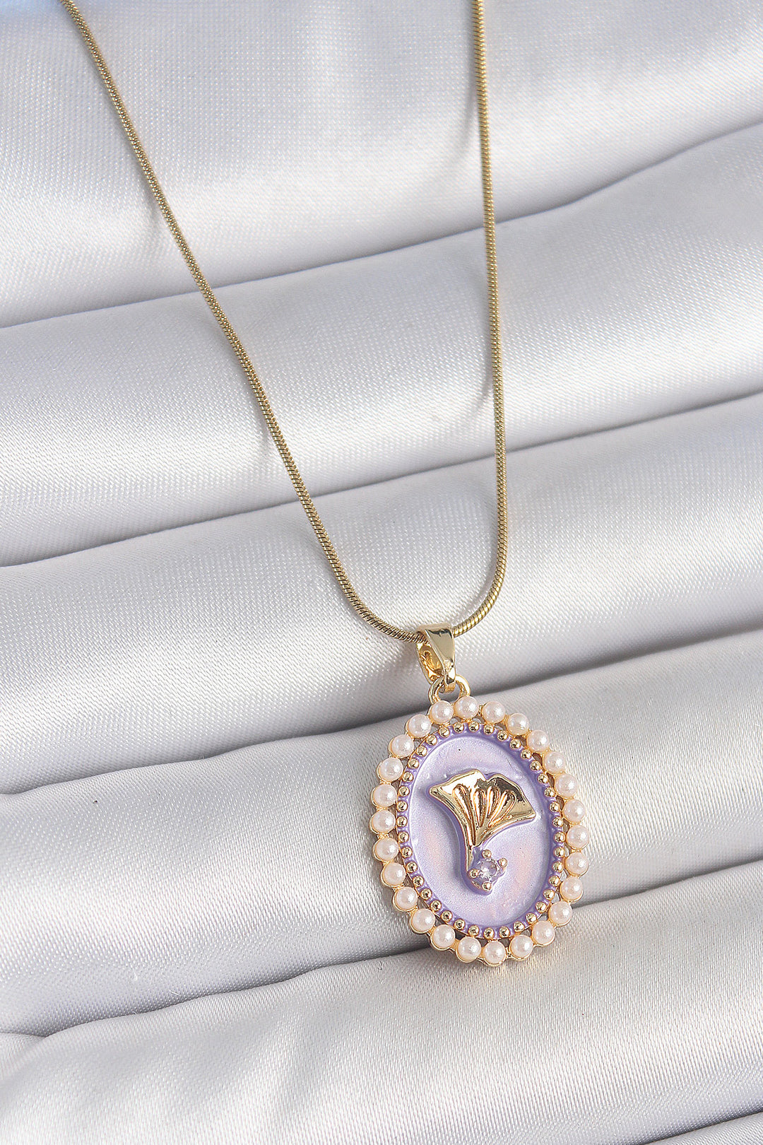 EBJ 316L Steel Gold Color Chain Purple Enamel Pearl Zircon Stone Flower Embroidered Portrait Model Women's Necklace - Covington