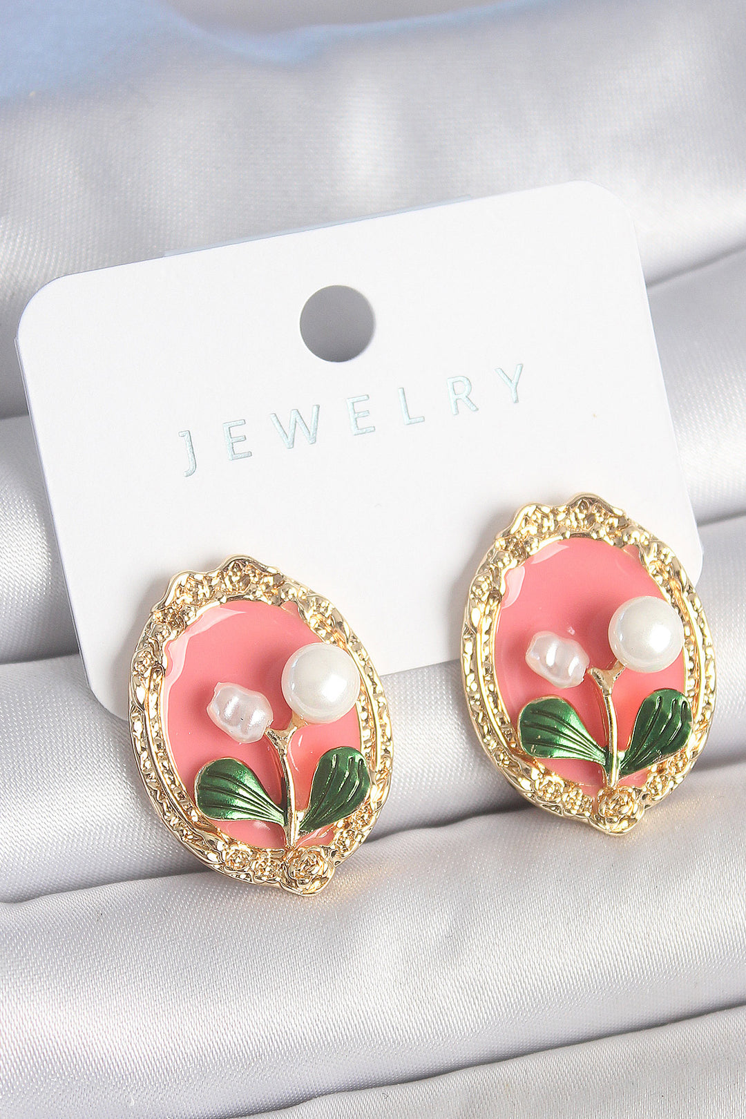 EBJ Rice Gold Color Pink Enamel Pearl Flower Embroidered Portrait Model Woman Earring - Lebanon