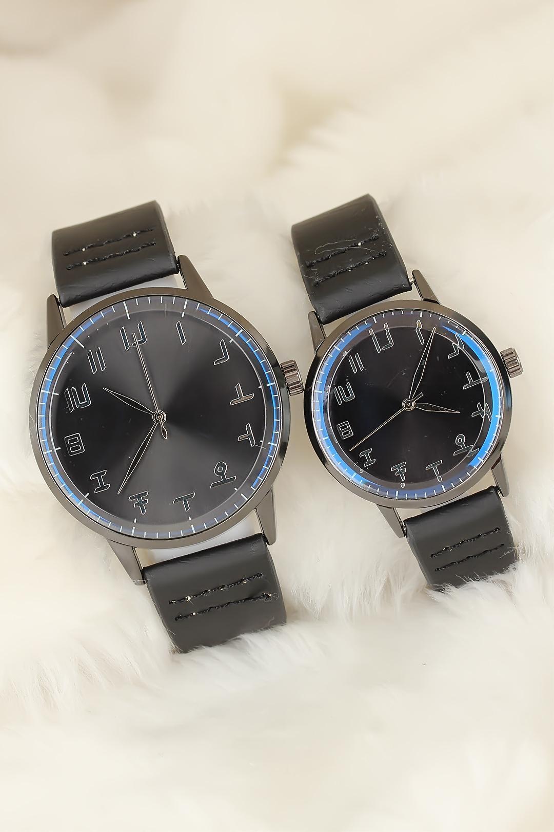 EBJ Black Leather Strap Smoke Color Metal Case Couple Watches - Regina