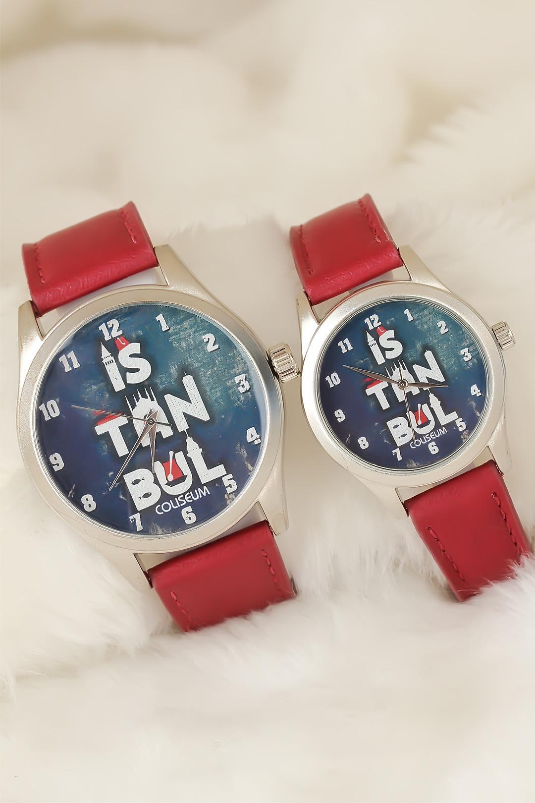 EBJ Burgundy Color Leather Strap Istanbul Designed Couple Watches - Assen
