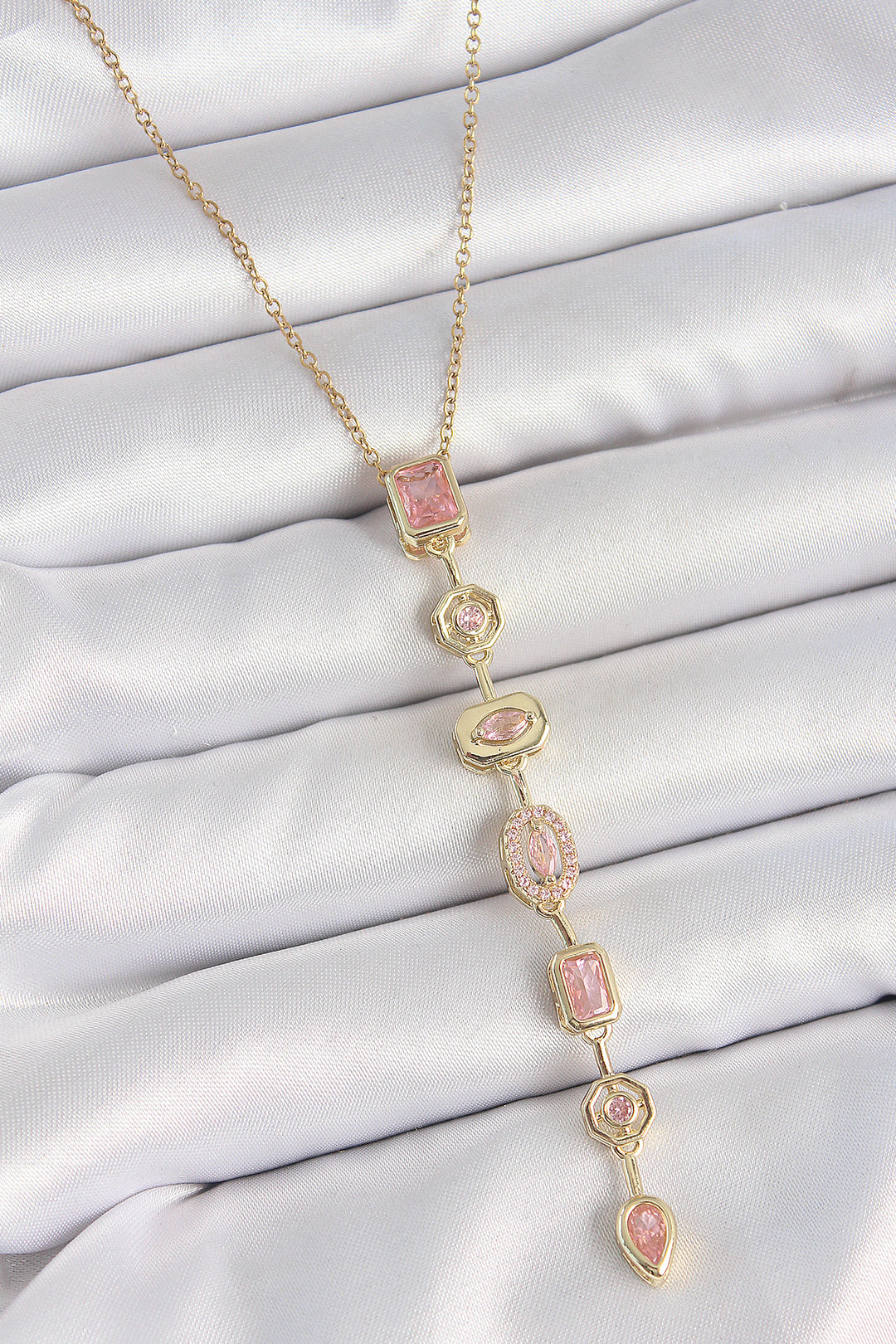 EBJ 316L Steel Gold Color Chain Pink Zircon Stone Y Model Decollete Women's Necklace - Plantation
