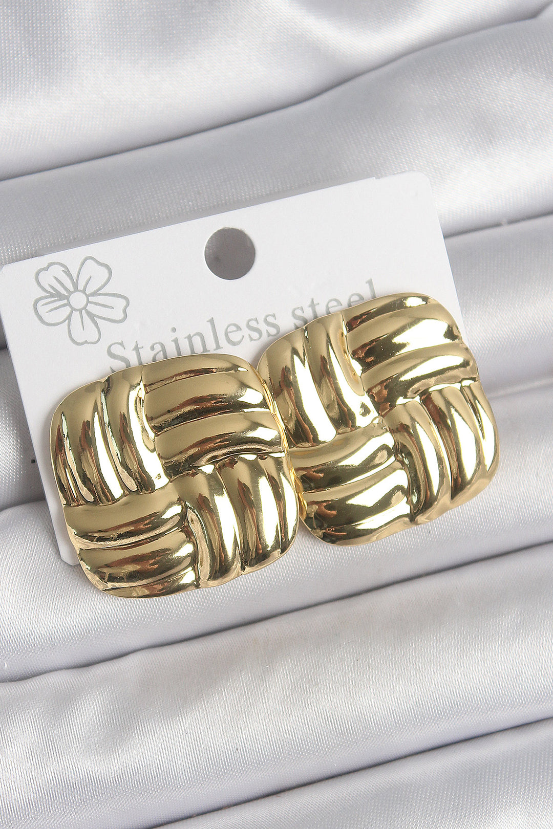 EBJ 316 Steel Gold Color Embroidered Square Plate Model Women's Earring - Annecy