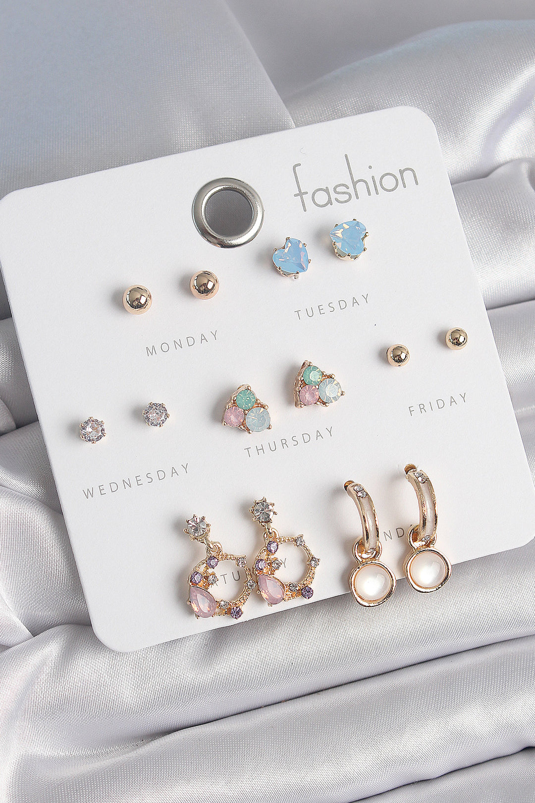 EBJ Rice Gold Color Zircon Stone Dangle Hoop Earrings Figure Heart Detail 7 Pairs Women Earrings - Ródos