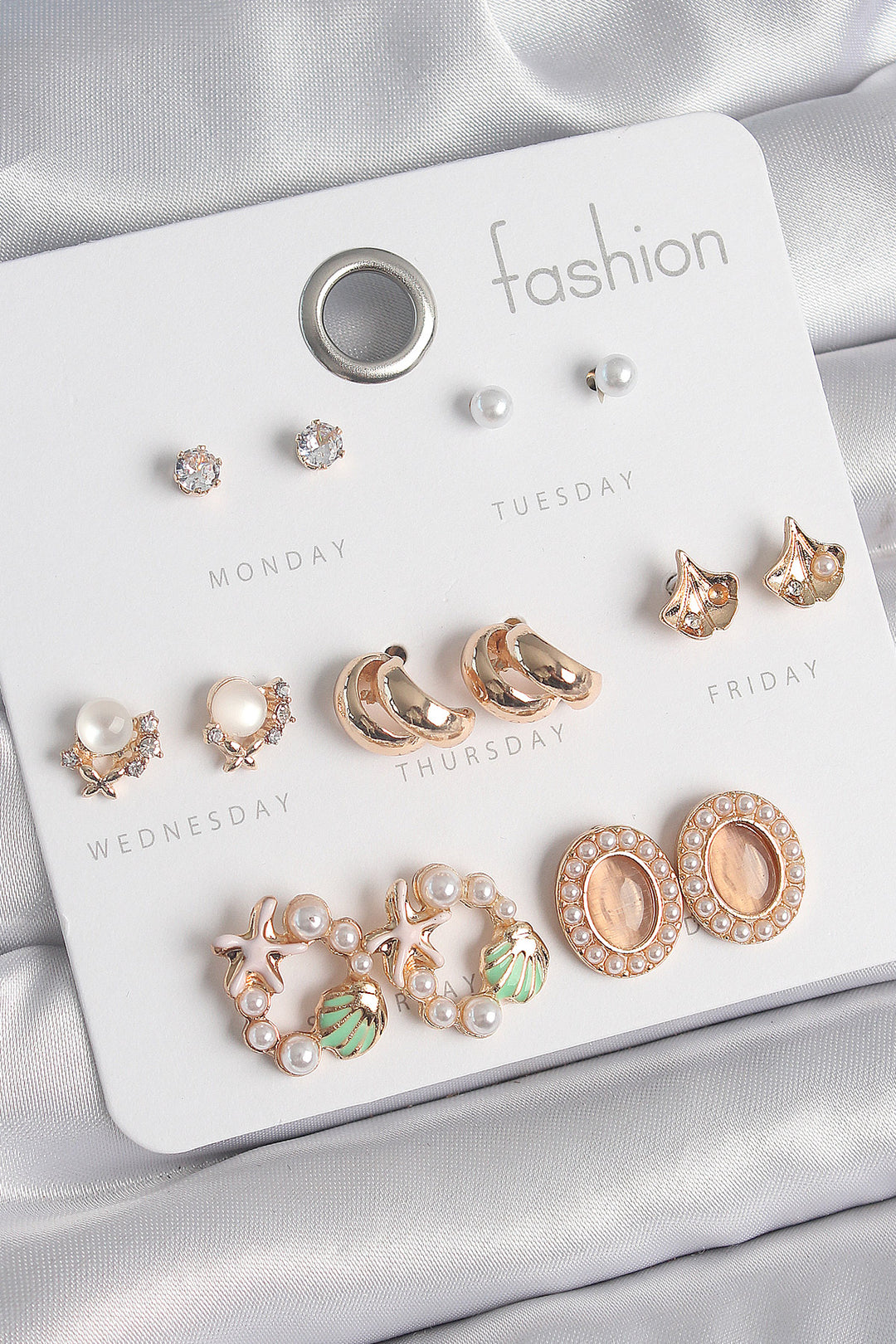 EBJ Rice Gold Color Zircon Stone Ring Starfish Figure Pearl Detail 7 Pair Women Earring Set - Bakhmut