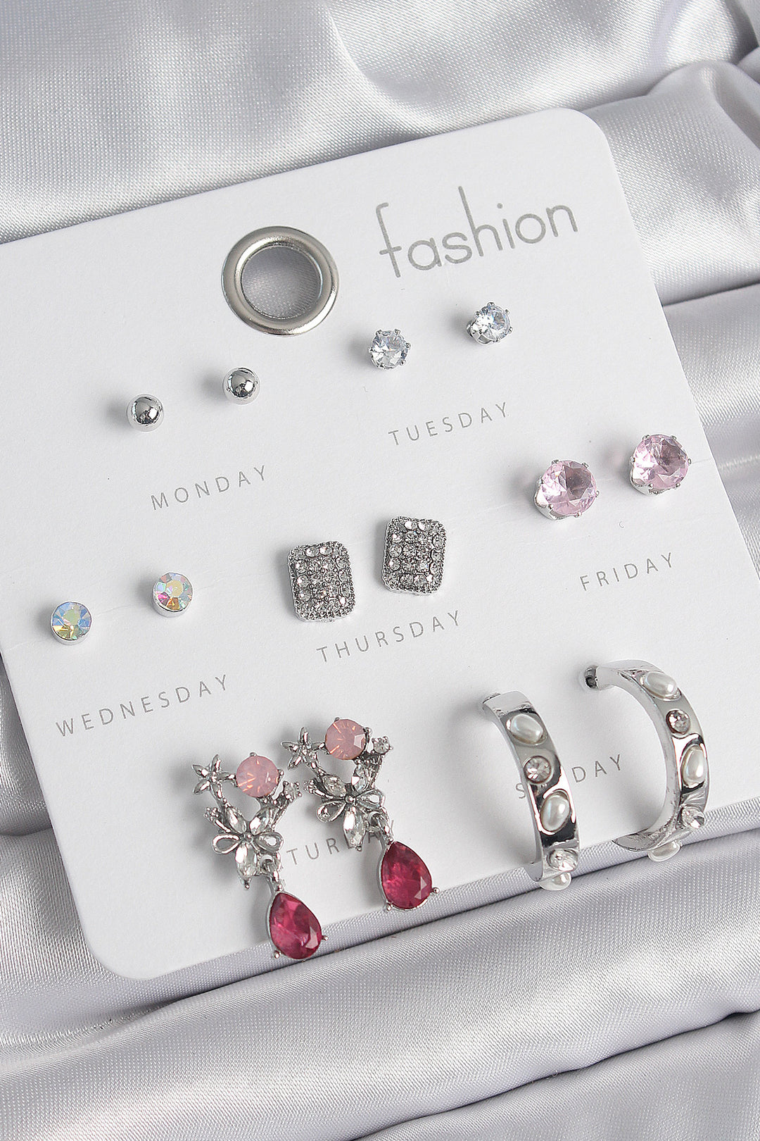 EBJ Rice Silver Color Zircon Stone Flower Figure Pearl Ring Detail 7 Pair Women Earring Set - Hilo