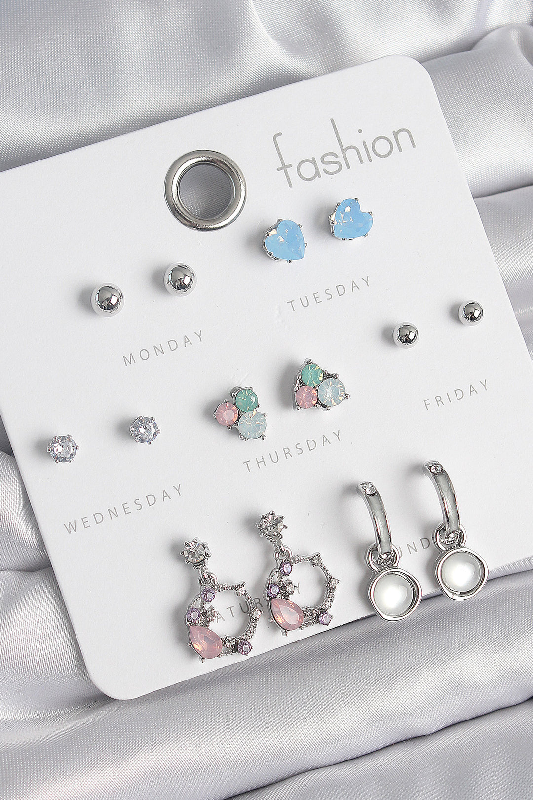 EBJ Rice Silver Color Zircon Stone Dangle Ring Model Flower Detail 7 Pair Women Earring Set - Rockwall