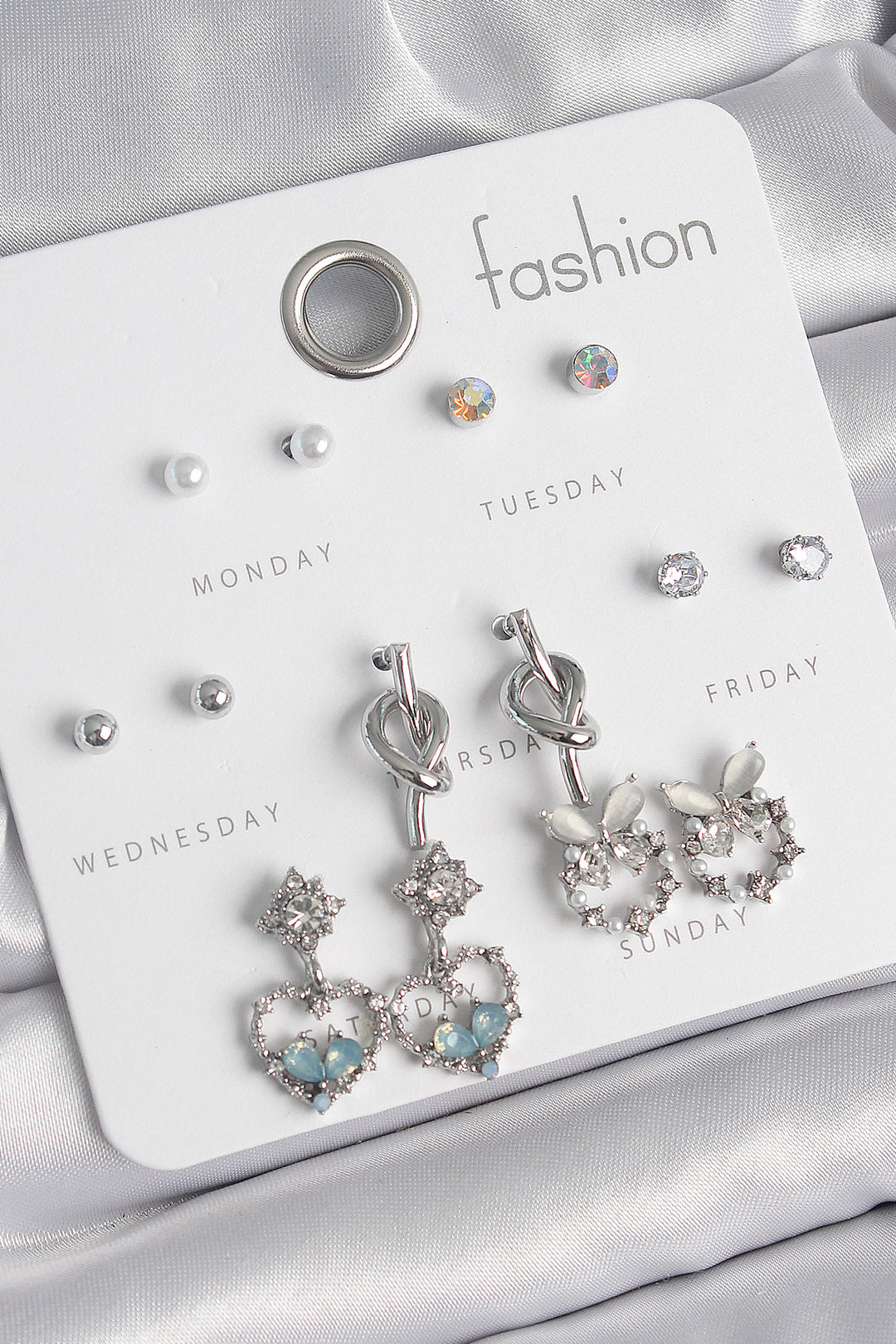EBJ Rice Silver Color Dangle Earrings with Zircon Stone Heart Model Knot Detail 7 Pairs Women Earring Set - Raleigh