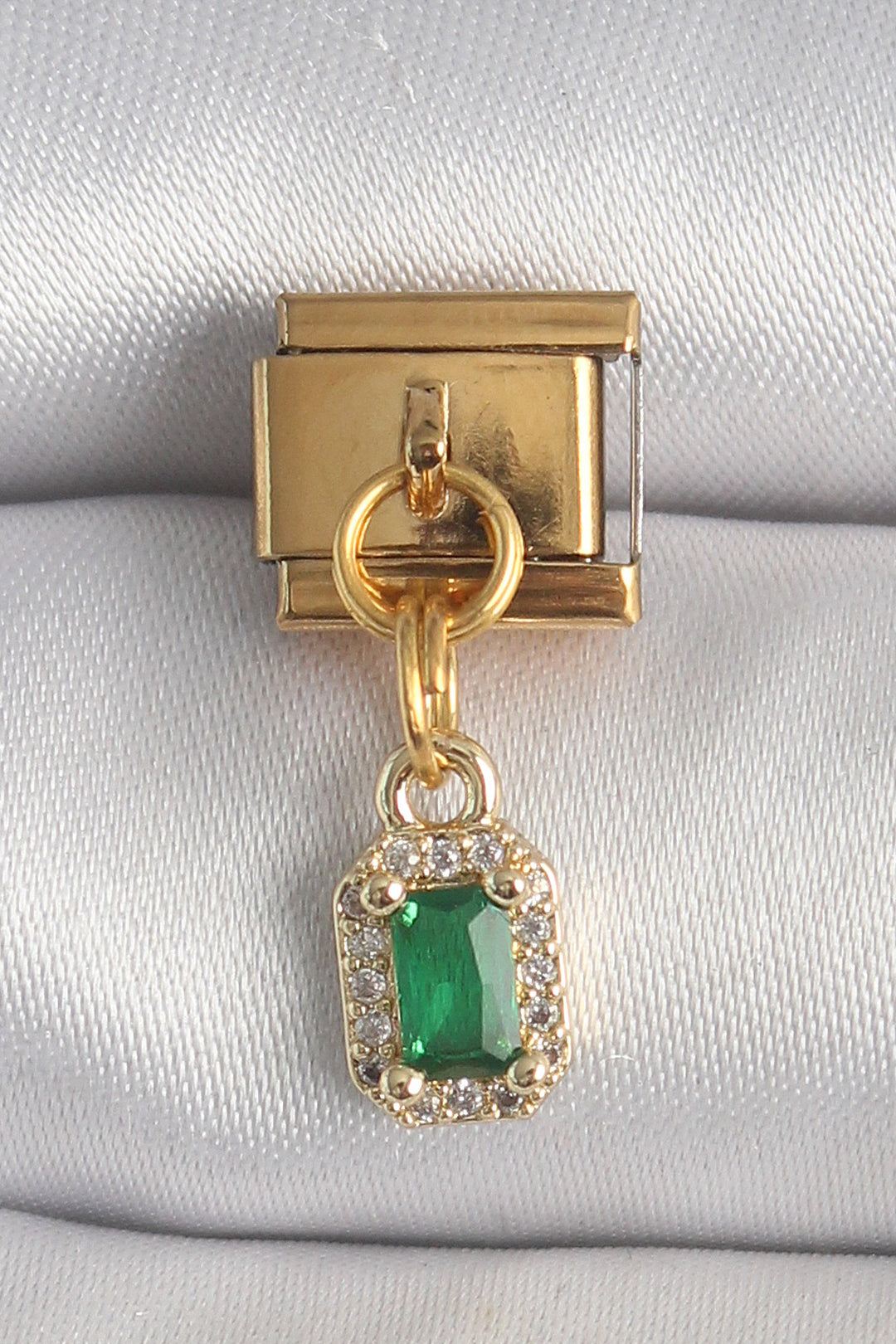 EBJ 316L Steel Gold Color Dangle Square Green Zircon Stone Nomination Charm - Cedar Rapids