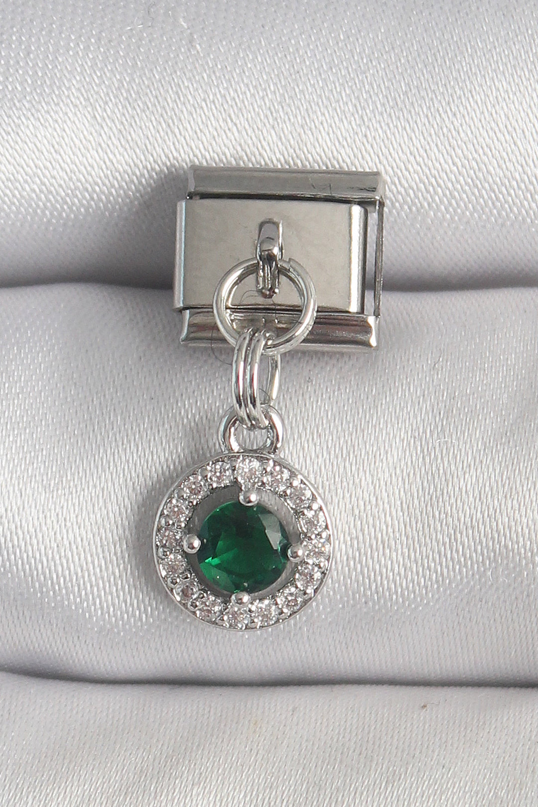 EBJ 316L Stainless Steel Silver Color Dangling Green Zircon Stone Nomination Charm - Los Banos
