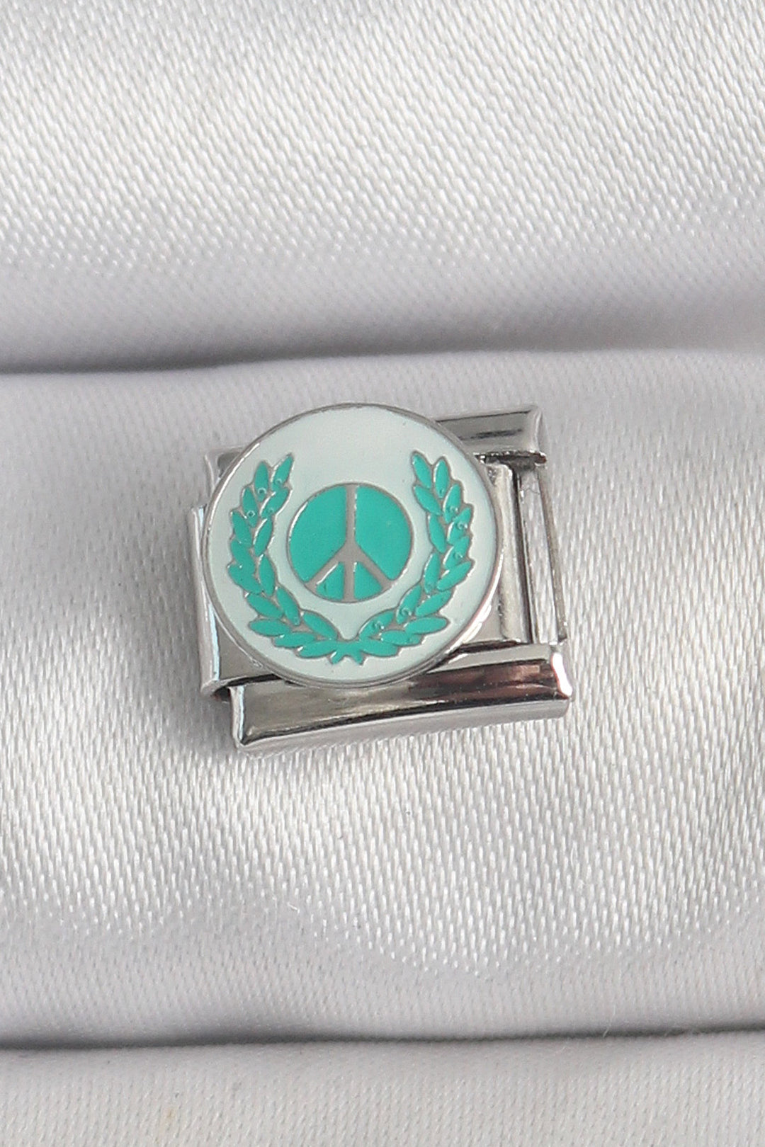 EBJ 316L Steel Silver Color White Blue Peace Sign Embroidered Nomination Charm - Wheaton