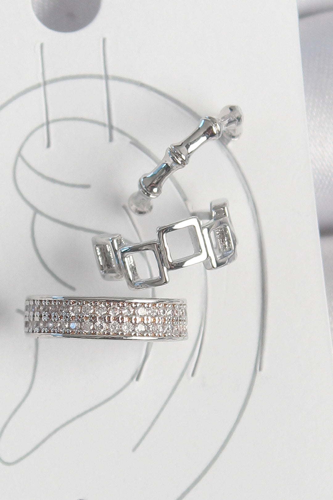 EBJ Rice Silver Color Zircon Stone 3-Piece Square Bamboo Model Women's Cartilage Earring - Villaflores