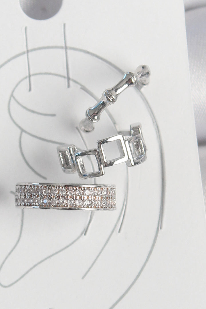 EBJ Rice Silver Color Zircon Stone 3-Piece Square Bamboo Model Women's Cartilage Earring - Villaflores
