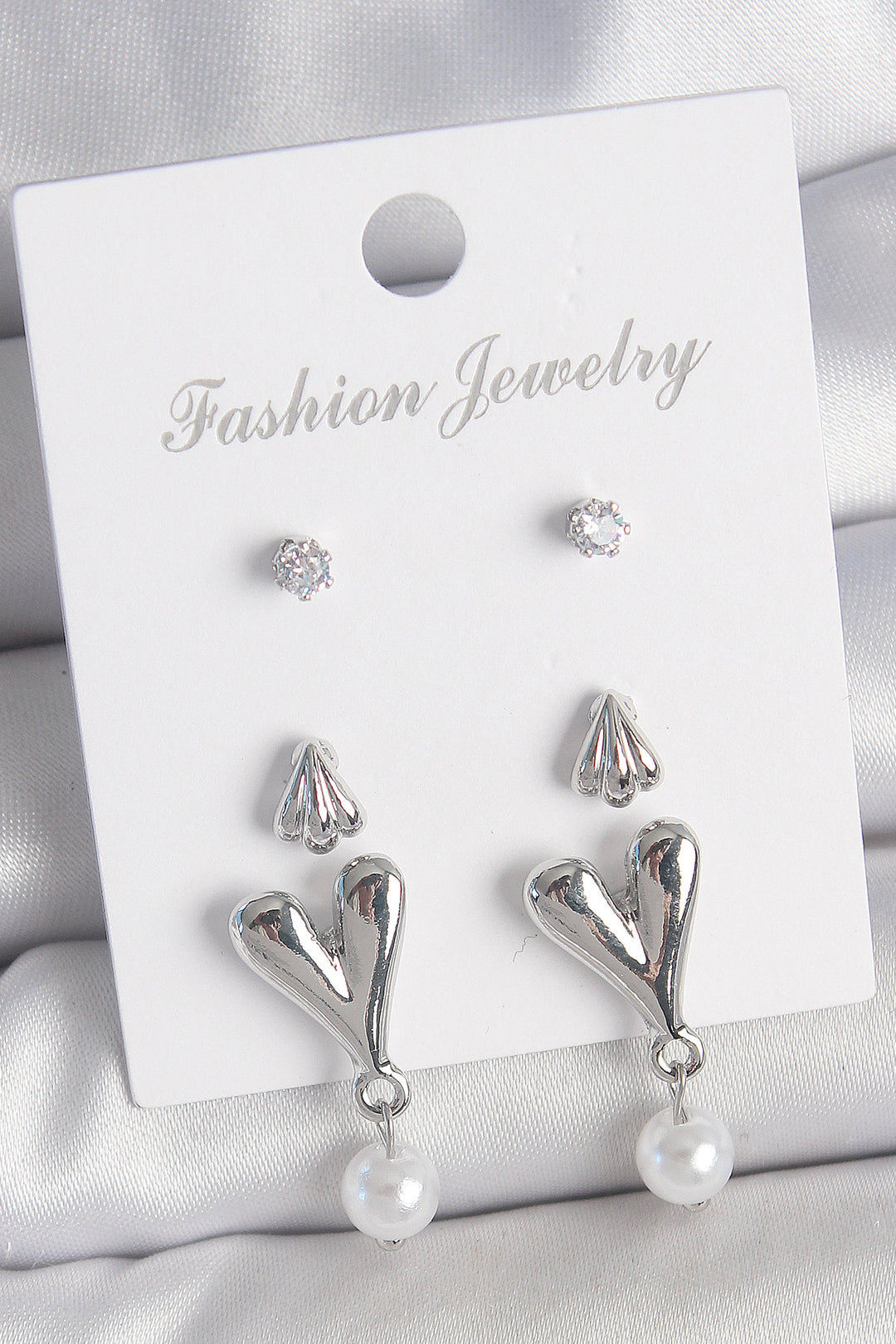 EBJ Rice Silver Color Zircon Stone Dangling Heart Model 3 Pairs of Women's Earring Set - Braine-l’Alleud