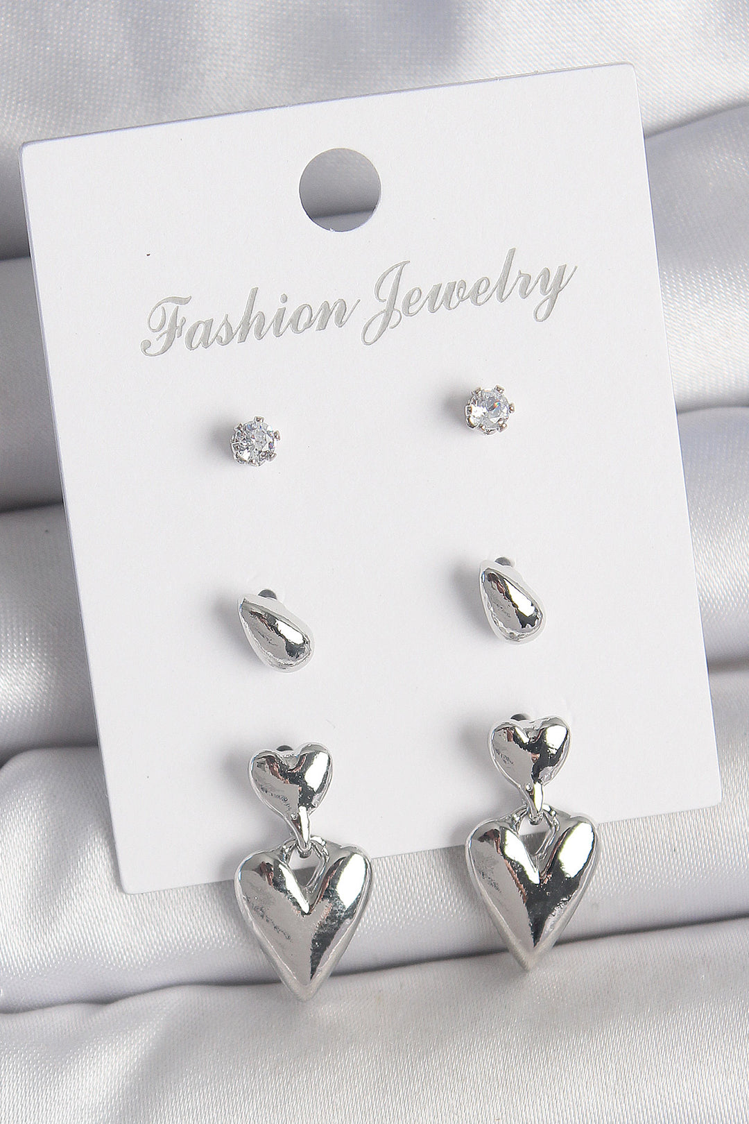 EBJ Rice Silver Color Zircon Stone Dangling Heart Model 3 Pairs of Women's Earring Set - St. Joseph