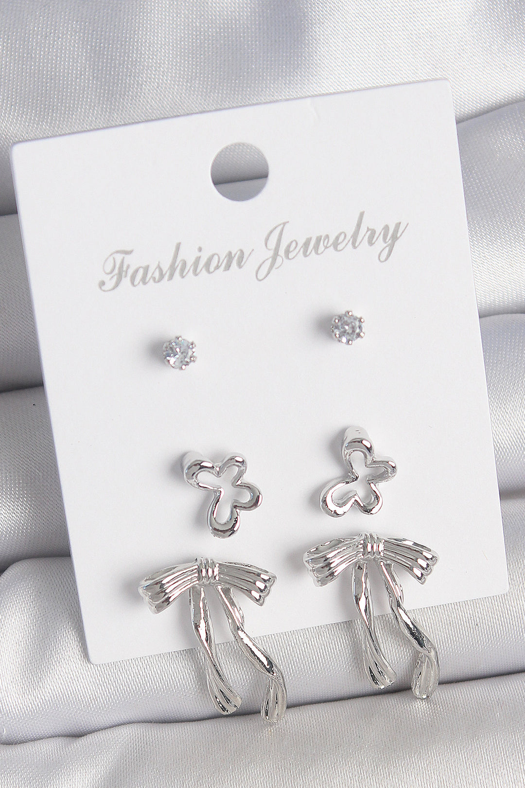EBJ Rice Silver Color Zircon Stone Bow Model Butterfly Detail 3 Pairs Women Earrings - Bognor Regis