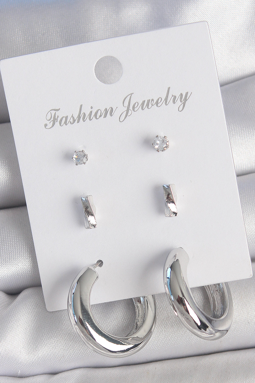 EBJ Rice Silver Color Zircon Stone Detail Ring Model 3 Pairs Women Earring Set - Yajalón