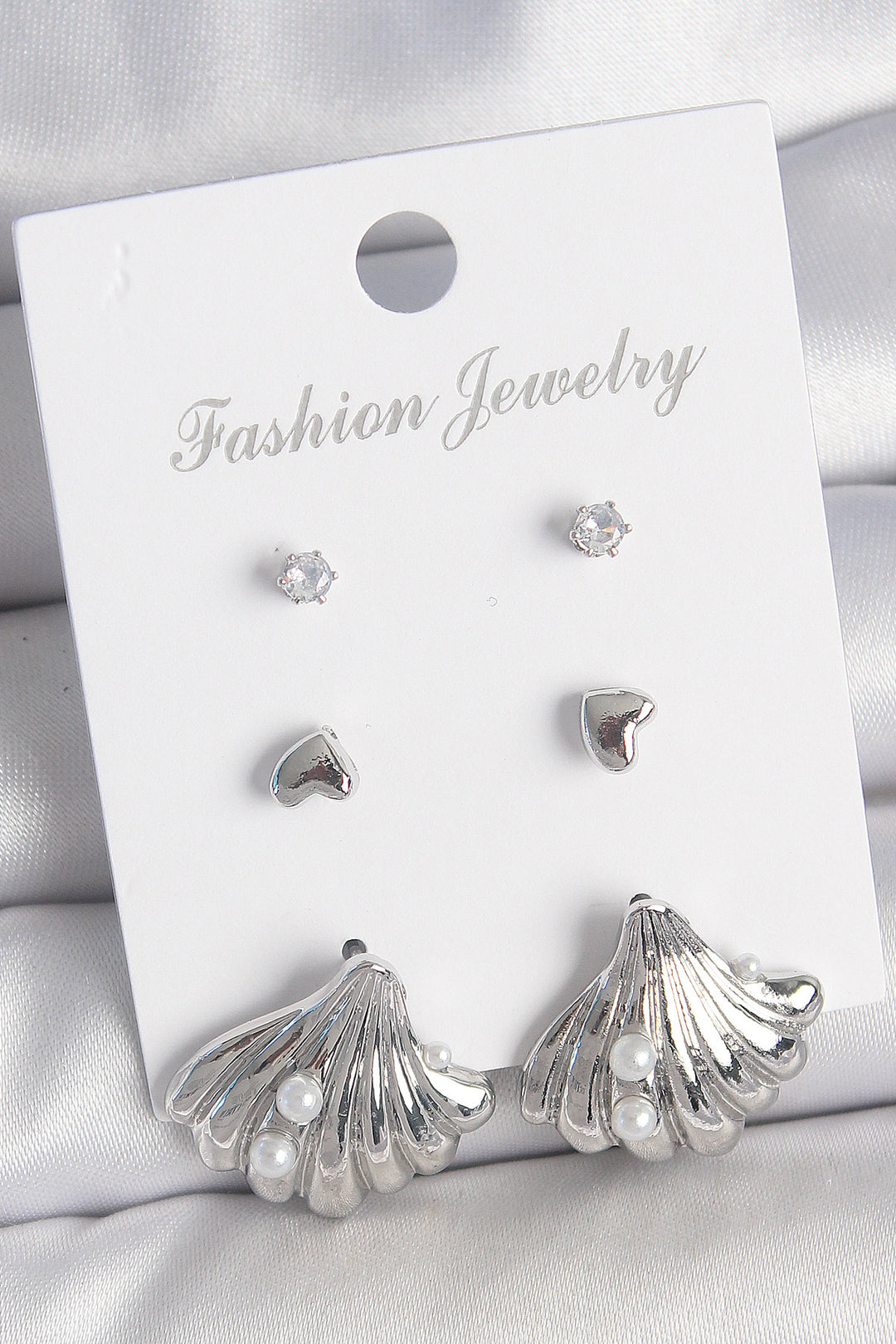 EBJ Rice Silver Color Zircon Stone Detailed Pearl Detailed Seashell Model 3 Pairs of Women's Earrings - Daugavpils