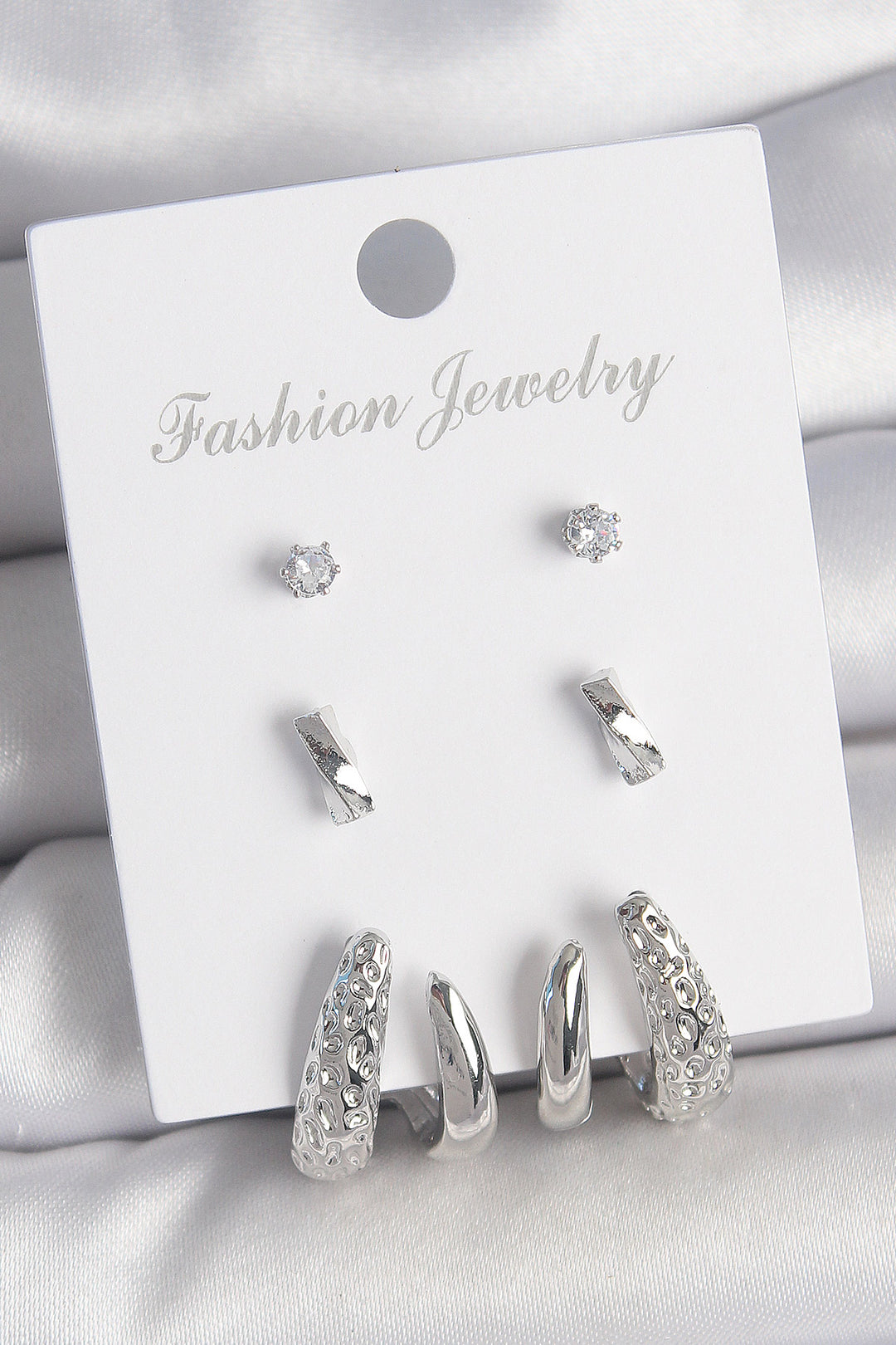 EBJ Rice Silver Color Zircon Stone Detailed Embroidered Motif Model 3 Pairs of Women's Earring Set - Pokrovsk