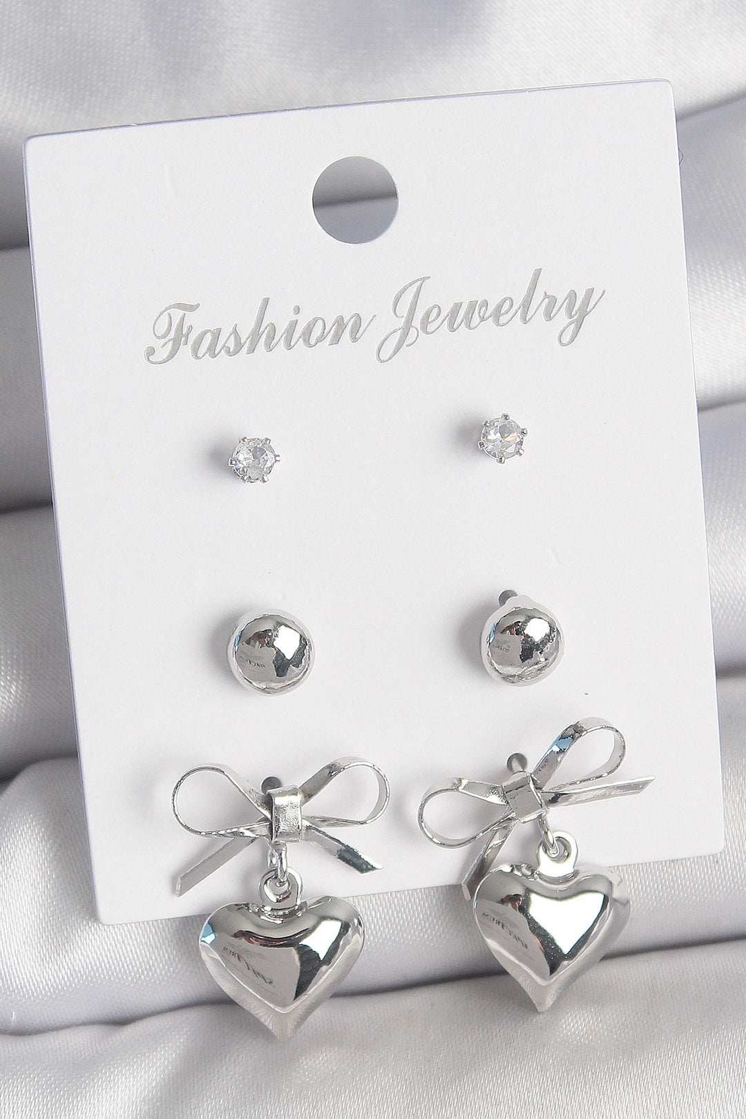 EBJ Rice Silver Color Zircon Stone Detailed Bow Dangle Heart Model Women 3 Pairs Women Earring Set - Gandía