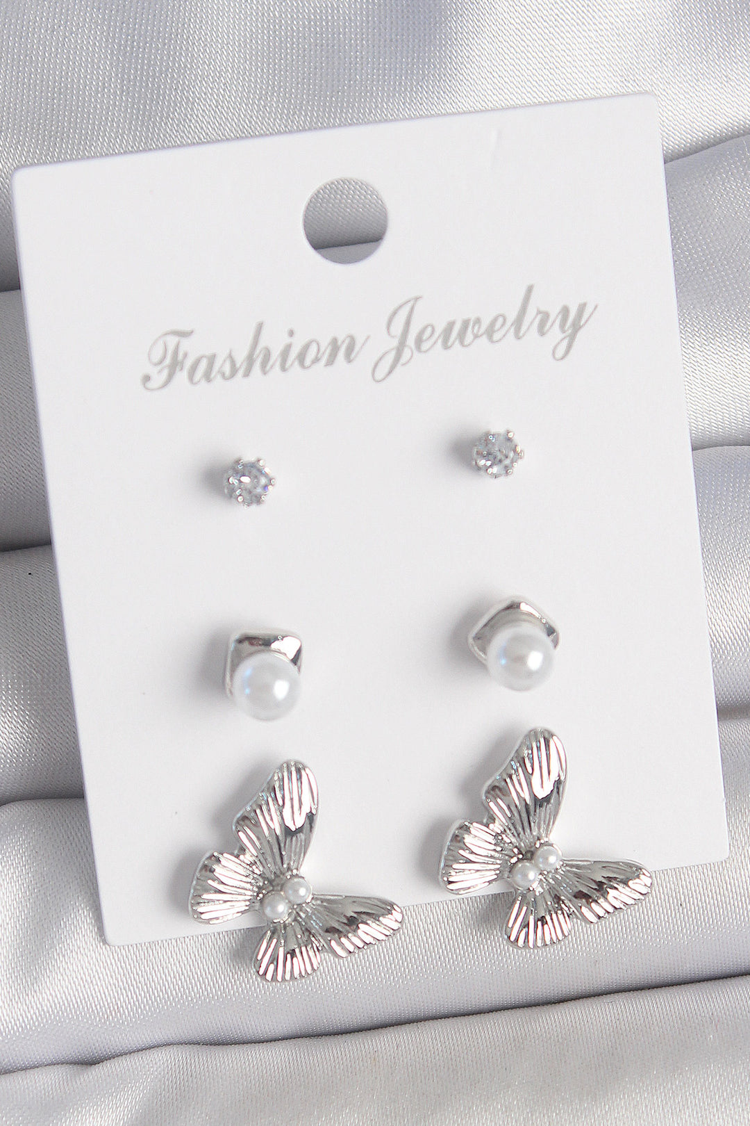 EBJ Rice Silver Color Zircon Stone Detailed Butterfly Model 3 Pairs Women Earring Set - Herzogenrath