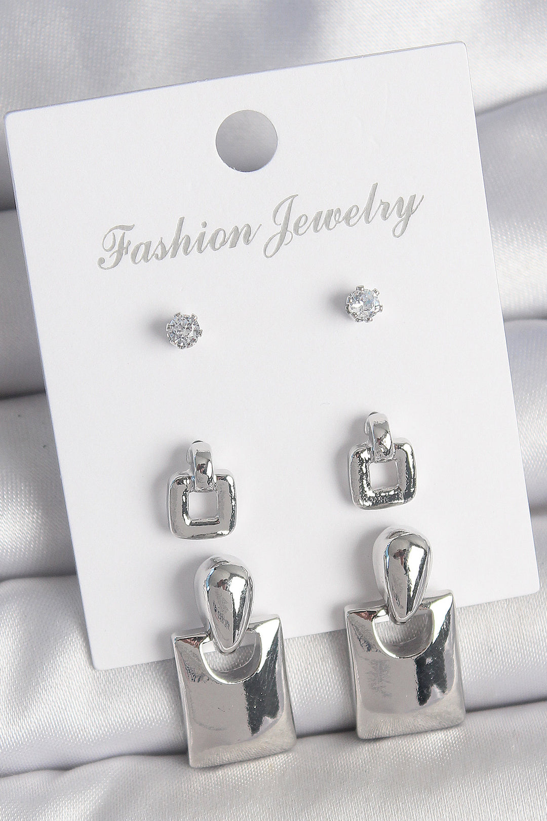 EBJ Rice Silver Color Zircon Stone Detail Dangling Square Model 3 Pairs Women Earring Set - Newark
