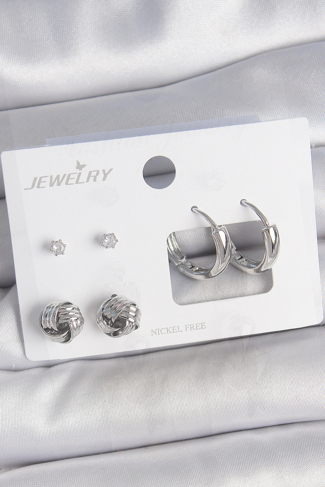 EBJ Rice Silver Color Zircon Stone Ring Model 3 Pairs Women Earring Set - Cleveland