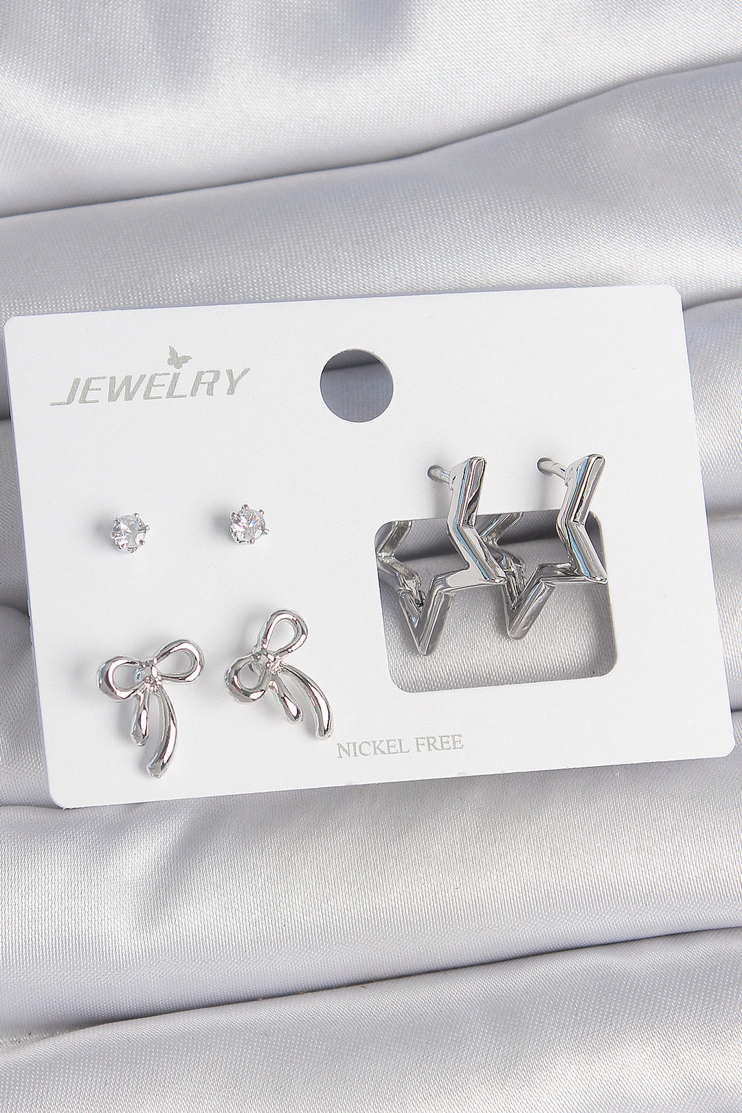 EBJ Rice Silver Color Zircon Stone Star Model Bow Detail 3 Pairs Women's Earring Set - Catalina Foothills