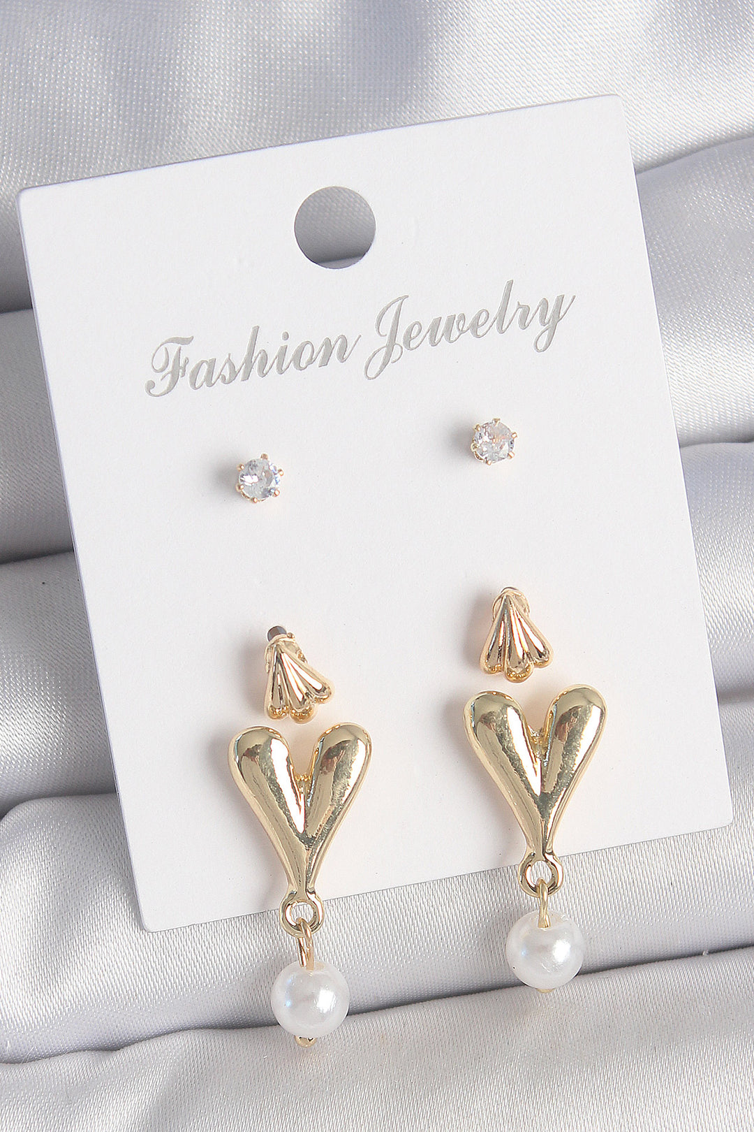 EBJ Rice Gold Color Zircon Stone Pearl Dangle Heart Model 3 Pairs of Women's Earring Set - Tres Valles