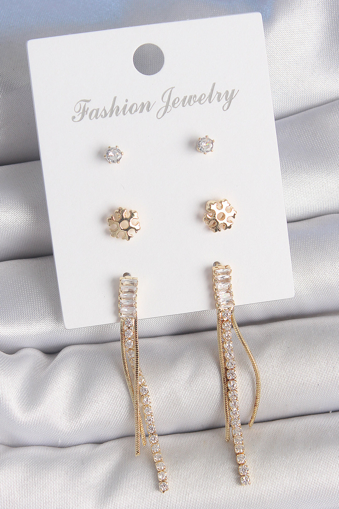 EBJ Rice Gold Color Zircon Stone Dangling Model Snowflake Detail 3 Pairs of Women's Earring Set - Chiclana de la Frontera
