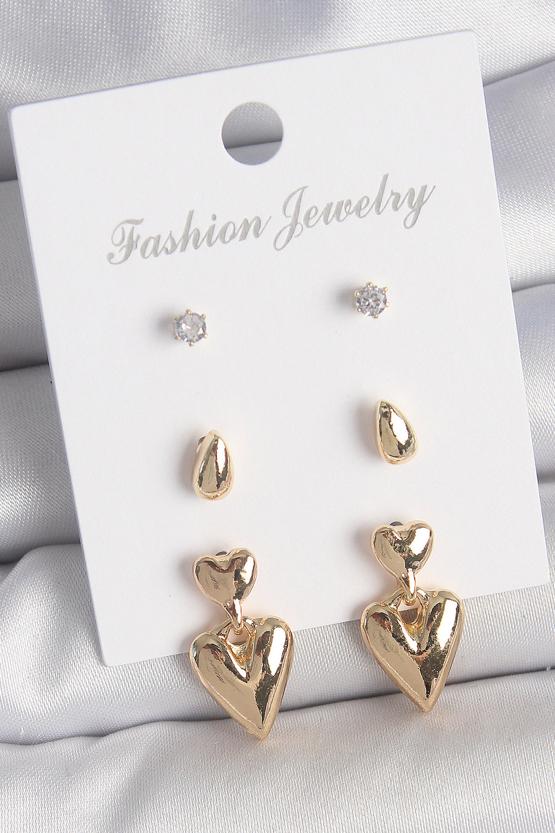 EBJ Rice Gold Color Zircon Stone Dangling Heart Model 3 Pairs of Women's Earring Set - Augusta
