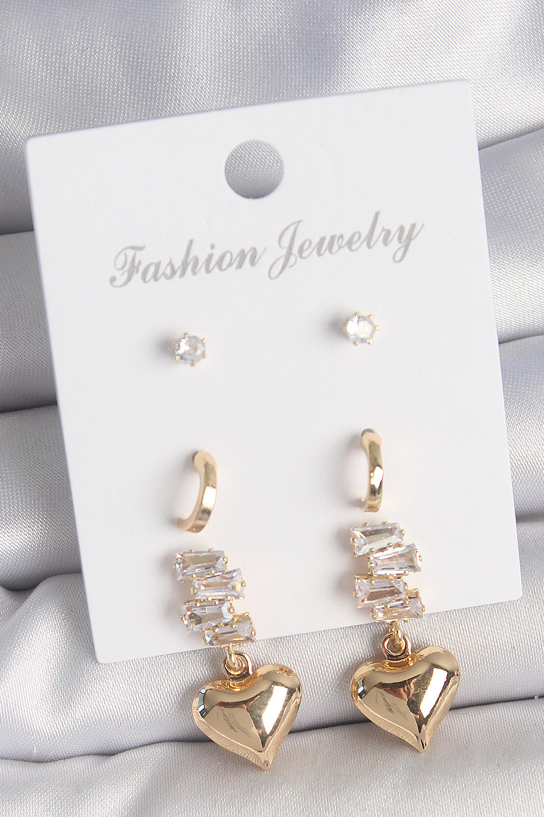EBJ Rice Gold Color Zircon Stone Dangling Heart Model Half Hoop Detail 3 Pairs Women Earring Set - Erith