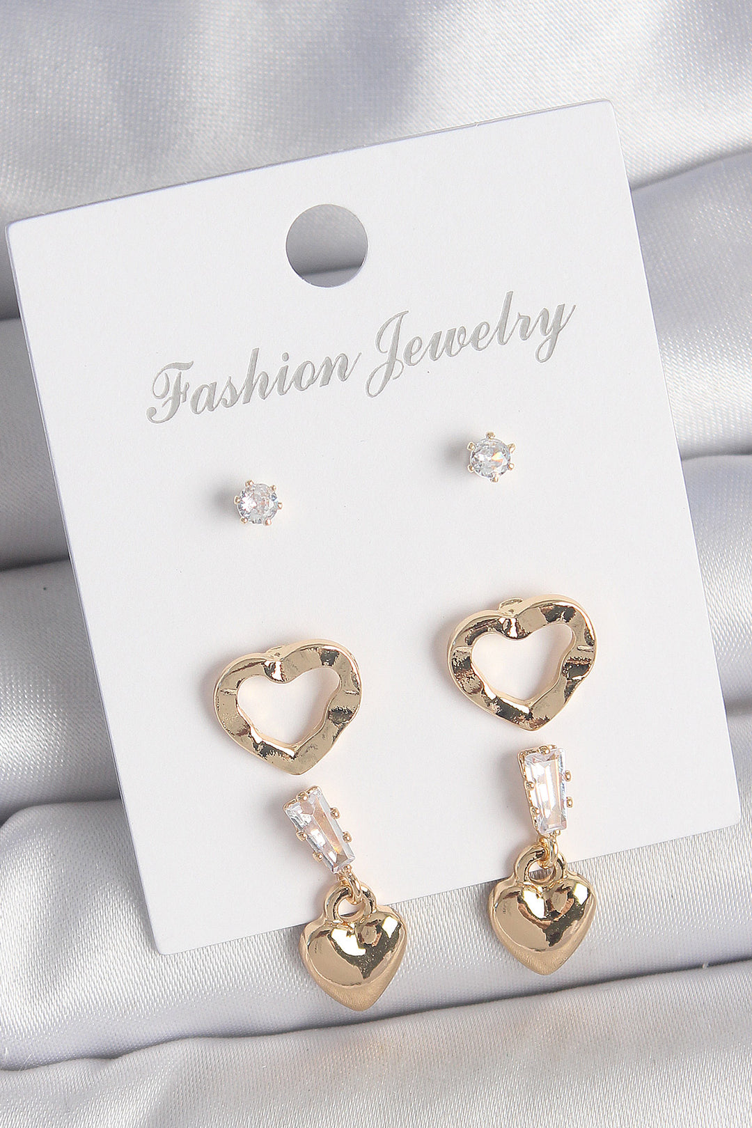 EBJ Rice Gold Color Zircon Stone Dangle Heart Model Women's 3 Pairs of Earrings Set - Odenton