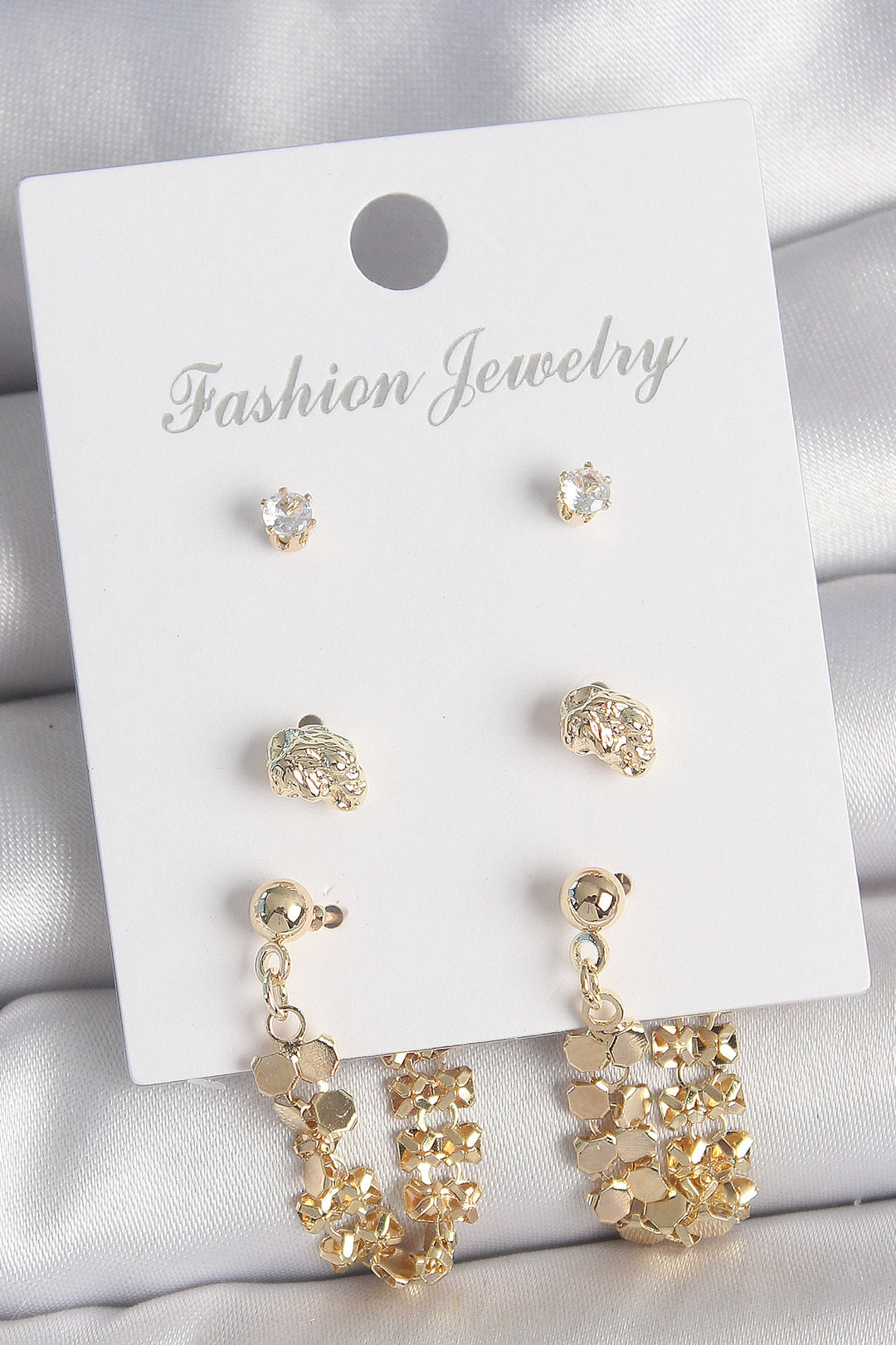 EBJ Rice Gold Color Zircon Stone Dangle Flake Model 3 Pairs Women Earring Set - Teoloyucan