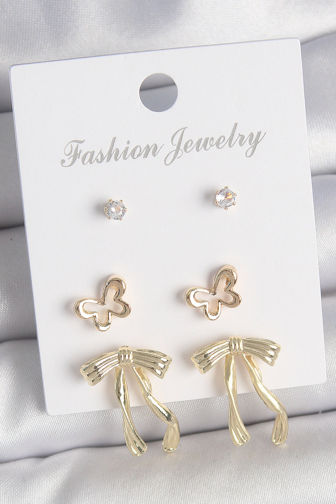 EBJ Rice Gold Color Bow Model Butterfly Detail 3 Pairs of Women's Earring Set with Zircon Stone - Velsen-Zuid