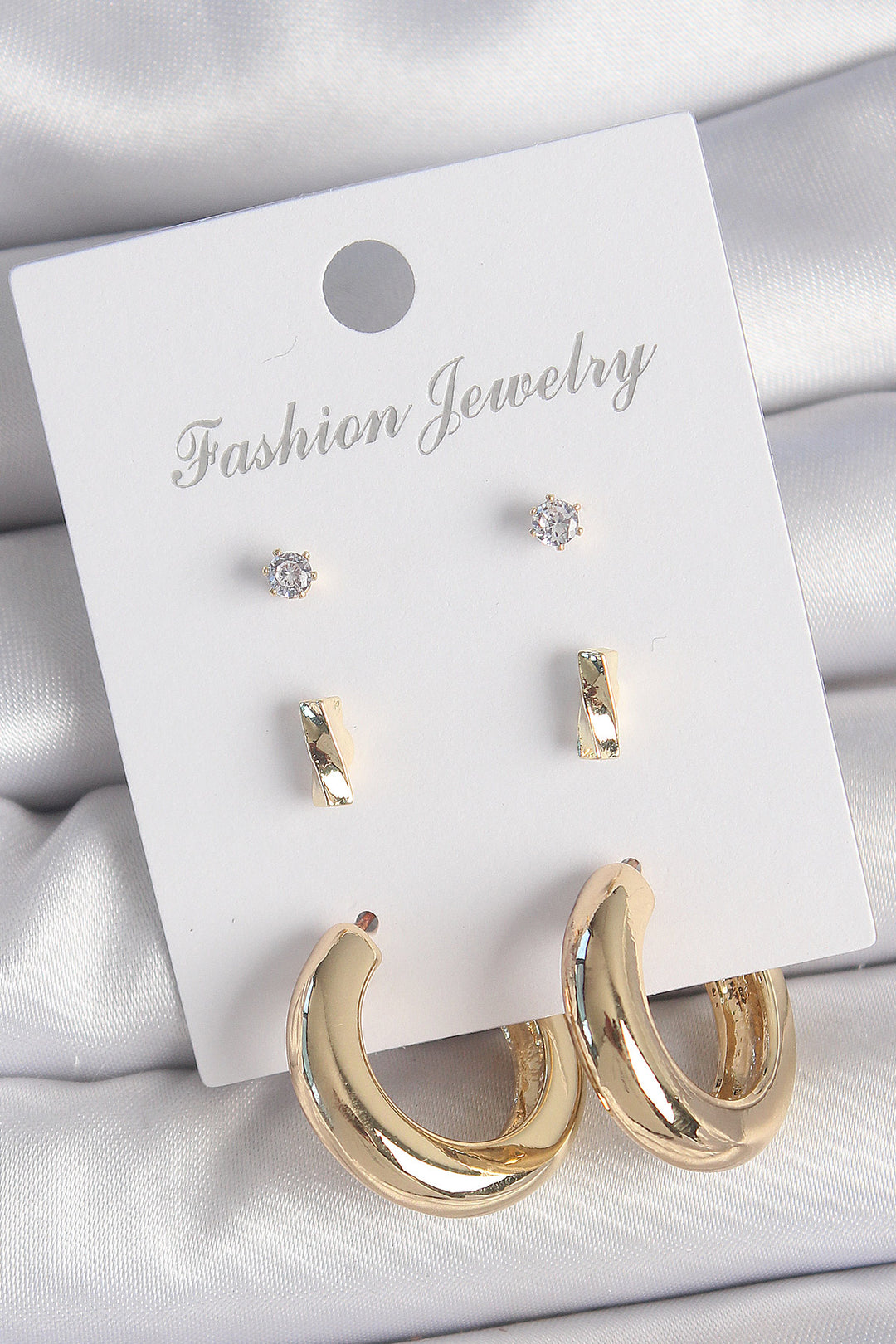 EBJ Rice Gold Color Zircon Stone Ring Model 3 Pairs Women Earring Set - Bergamo