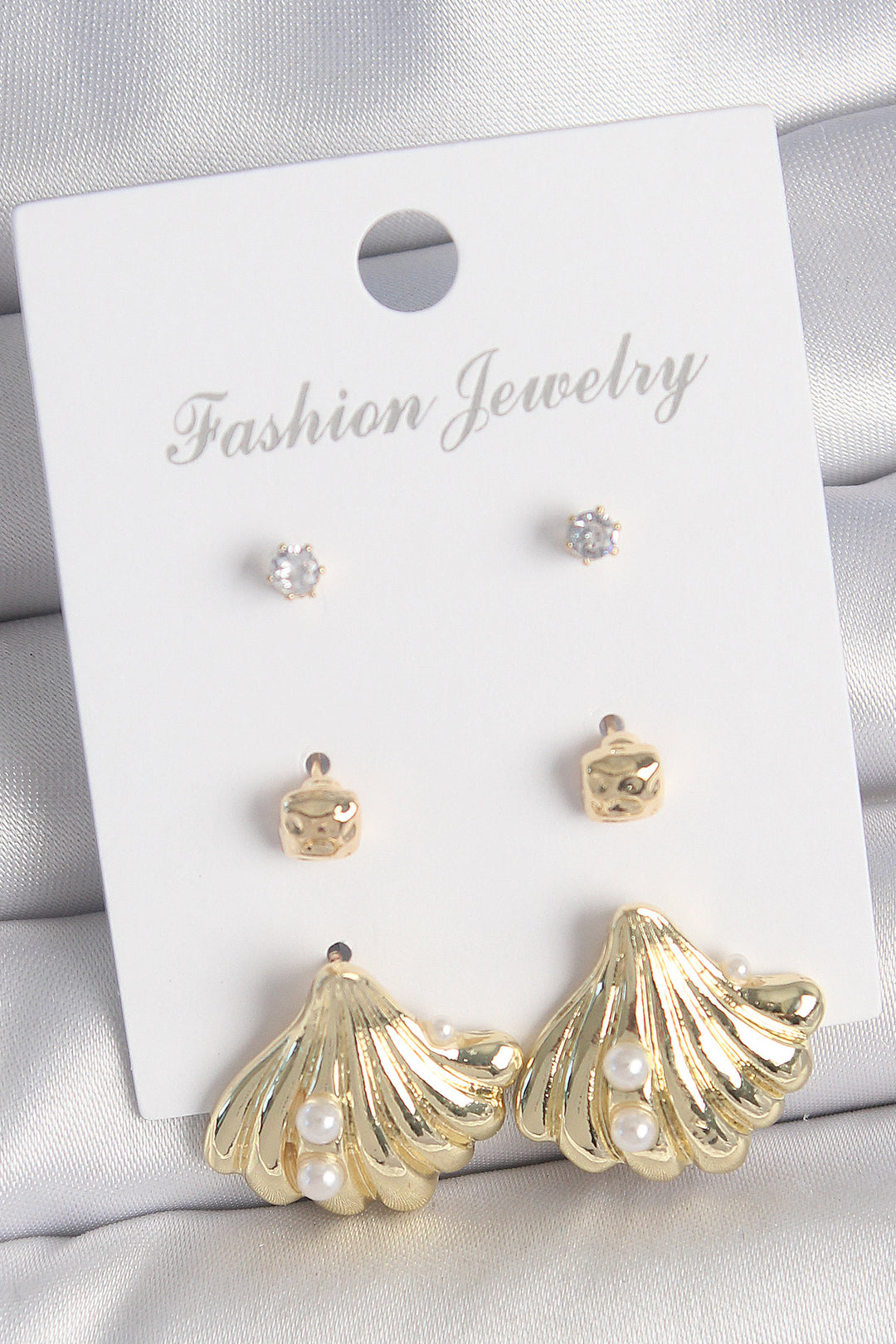 EBJ Rice Gold Color Zircon Stone Detailed Pearl Shell Design 3 Pairs of Women's Earring Set - Gloucester