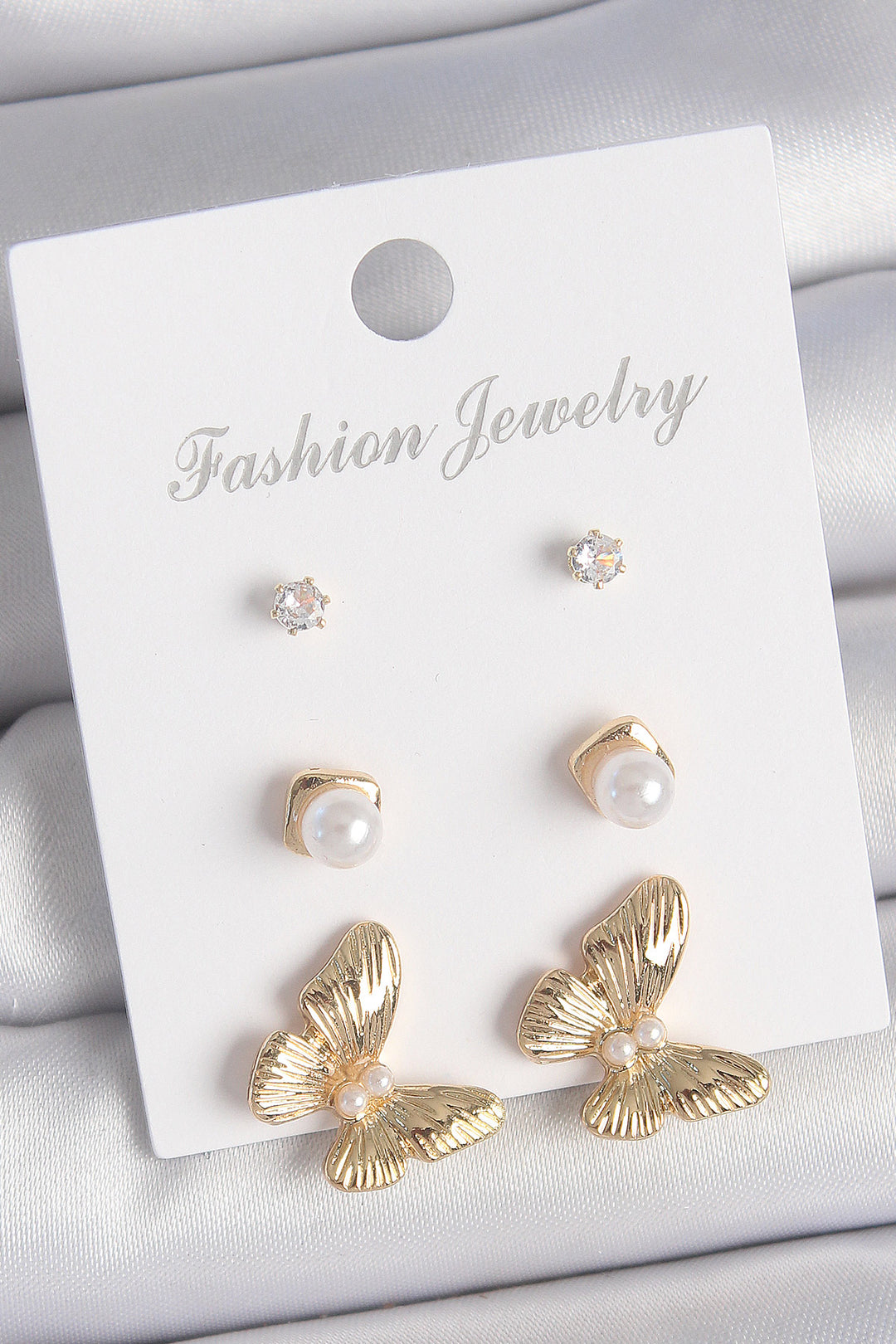 EBJ Rice Gold Color Zircon Stone Pearl Butterfly Model 3 Pairs of Women's Earring Set - West Jordan