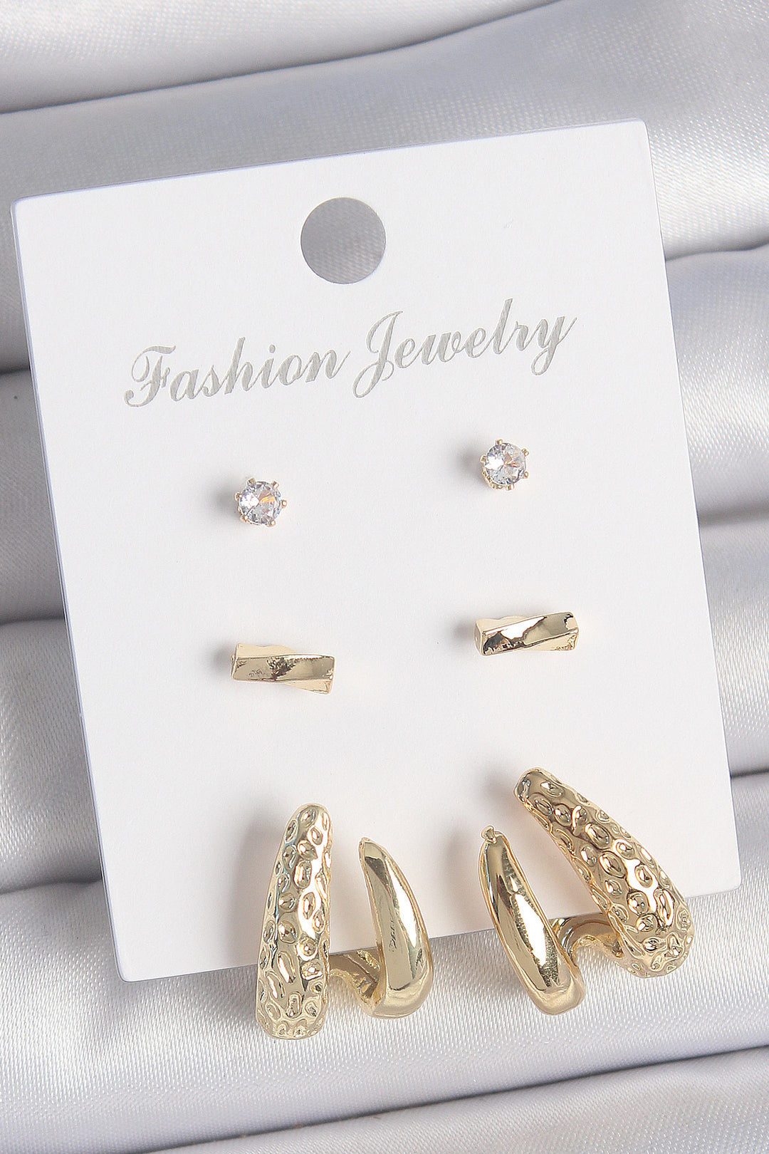EBJ Rice Gold Color Embroidered Motif Model Earrings Set with Zircon Stone, 3 Pairs for Women - Idaho Falls