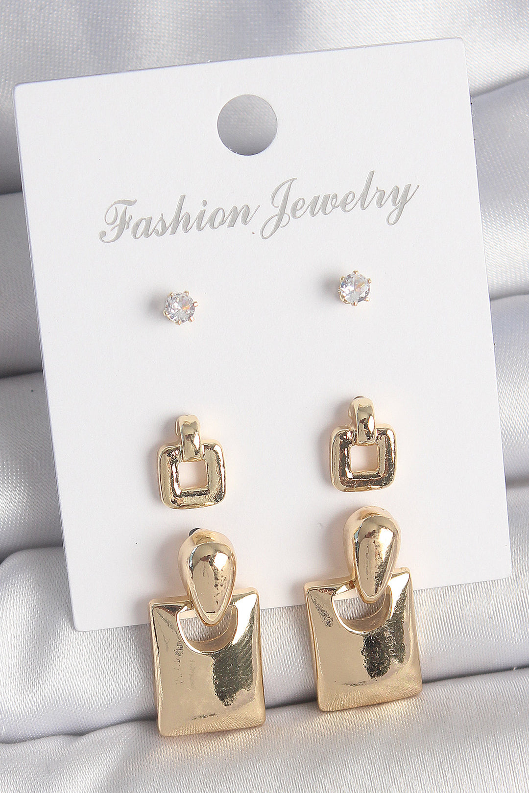 EBJ Rice Gold Color Zircon Stone Dangling Square Model 3 Pairs of Women's Earring Set - Pine Hills