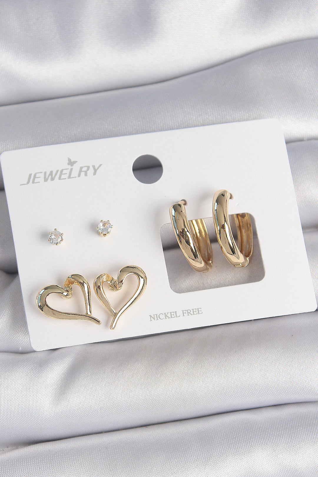 EBJ Rice Gold Color Zircon Stone Ring Model Heart Detail 3 Pairs Women Earring Set - Moorhead