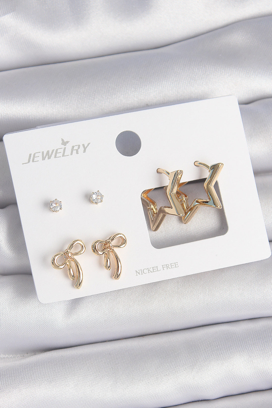 EBJ Rice Gold Color Star Model Bow Detail 3 Pairs of Women's Earring Set with Zircon Stone - Leigh