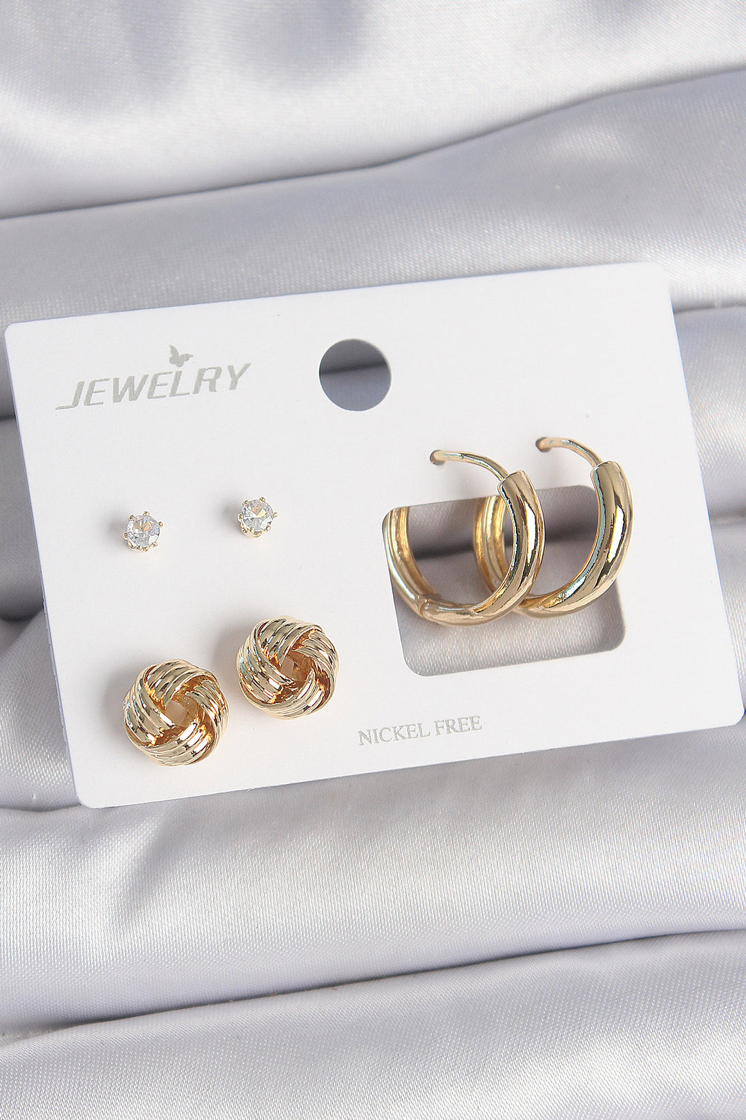 EBJ Rice Gold Color Zircon Stone Ring Model Spiral Detail 3 Pairs Women Earring Set - Menifee