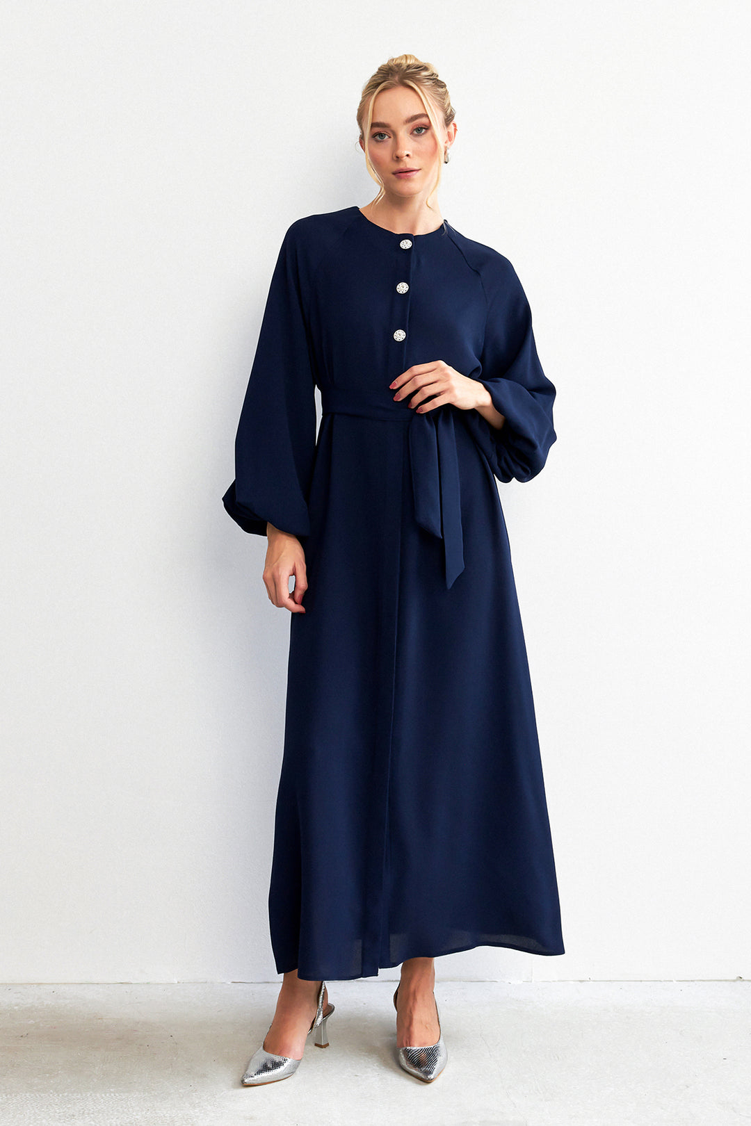 ZRF Women Balloon Sleeve Buttoned Abaya Dress - Navy Blue - Bondy